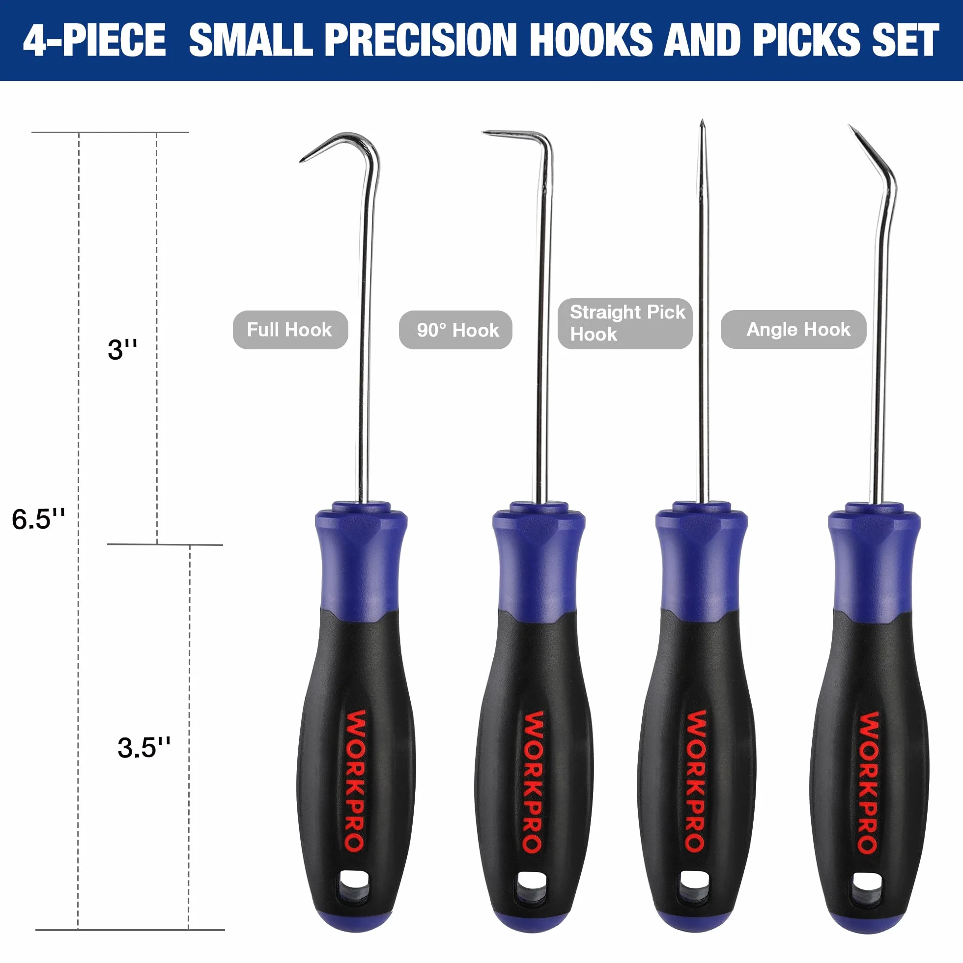 WORKPRO 4-Piece Precision Pick and Hook Set with Pouch, Angled Pick, Straight Pick, 90-degree Pick, Full Hook, Mini Pick Set Mechanic, Remove Small Fuses, Wire Plugs and "O" Rings, Gunsmith Tools