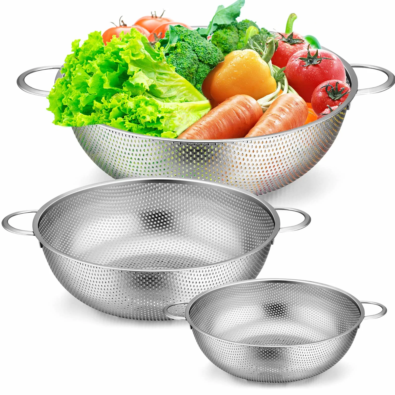 Cedzak, zestaw 3 sztuk, Joyfair, sito do makaronu ze stali nierdzewnej, sito kuchenne, mikroperforowany durszlak z uchwytami, metalowy cedzak do odcedzania i płukania makaronu/warzyw/owoców/ryżu