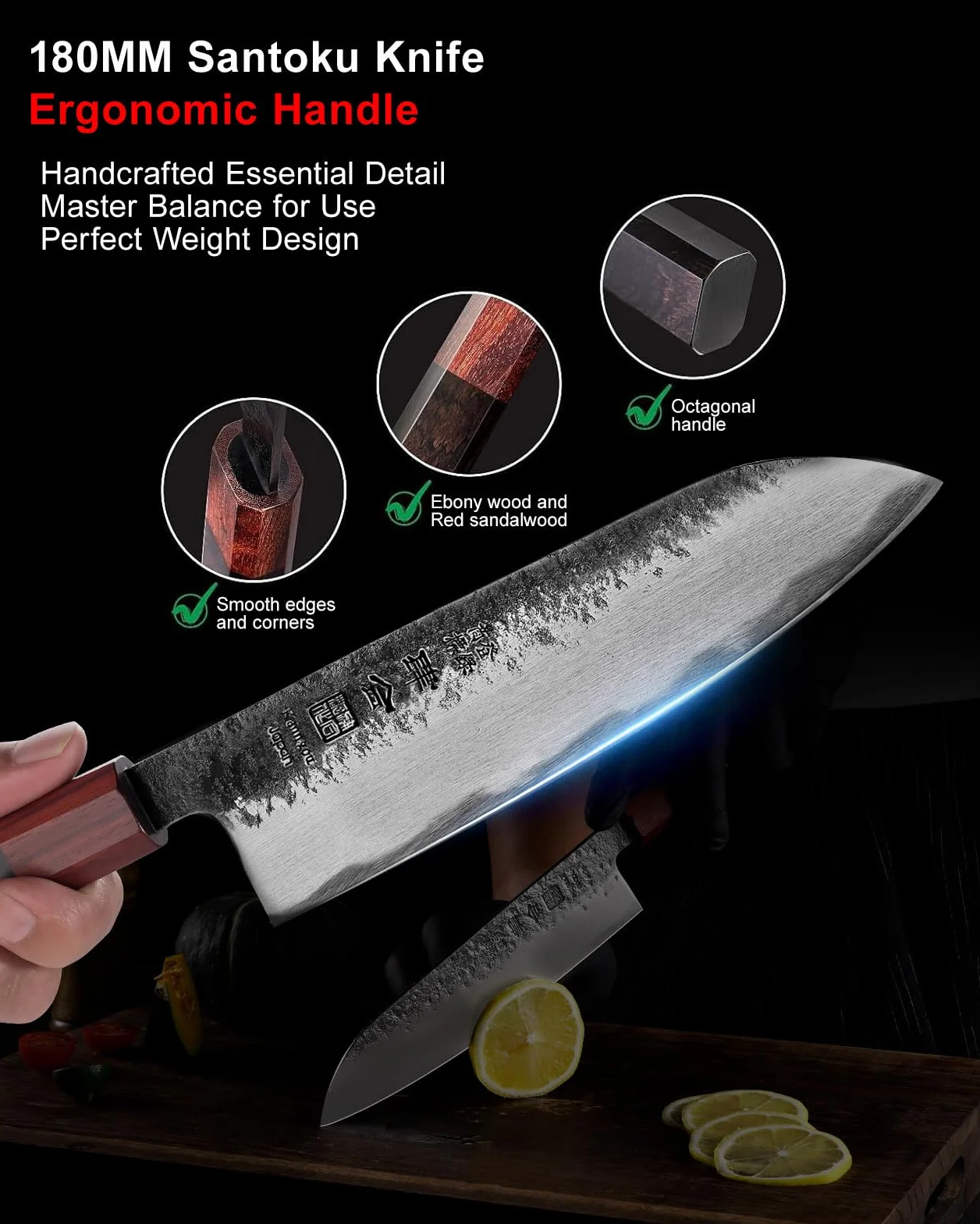 kanngou Santoku japoński nóż szefa kuchni, 18 cm, bardzo ostry nóż kuchenny ze stali AUS-8, z uchwytem z drewna hebanowego i czerwonego drewna oraz pudełkiem na prezent