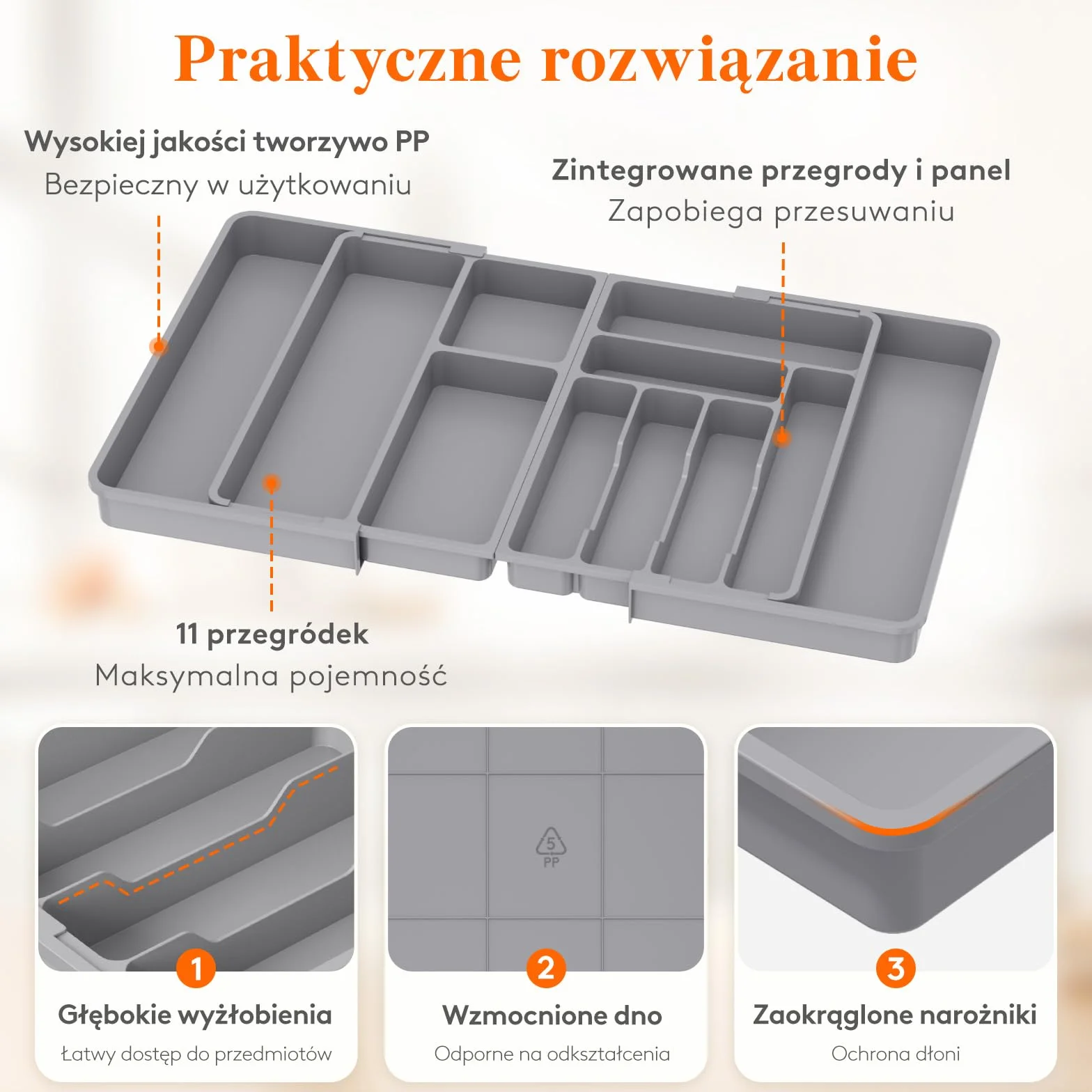 Lifewit Duży Organizator Szuflad Srebrnych, Plastikowa Taca na Naczynia do Kuchni, Rozszerzalna od 45.1cm do 91.4cm, Regulowana Płaska Łyżka na Nóż Widelcowy Uchwyt na Gadżety, Szary