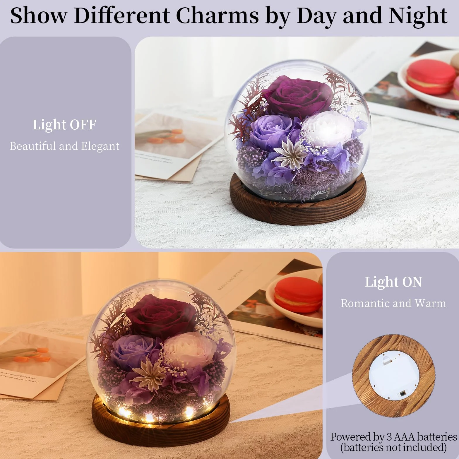 Emibele Mother's Day Eternal Rose Gifts for Mom, Preserved Real Rose in Glass Dome with LED Light for Decoration, Flowers for Delivery Prime, Gifts for Women Wife Her on Birthday Anniversary, Purple