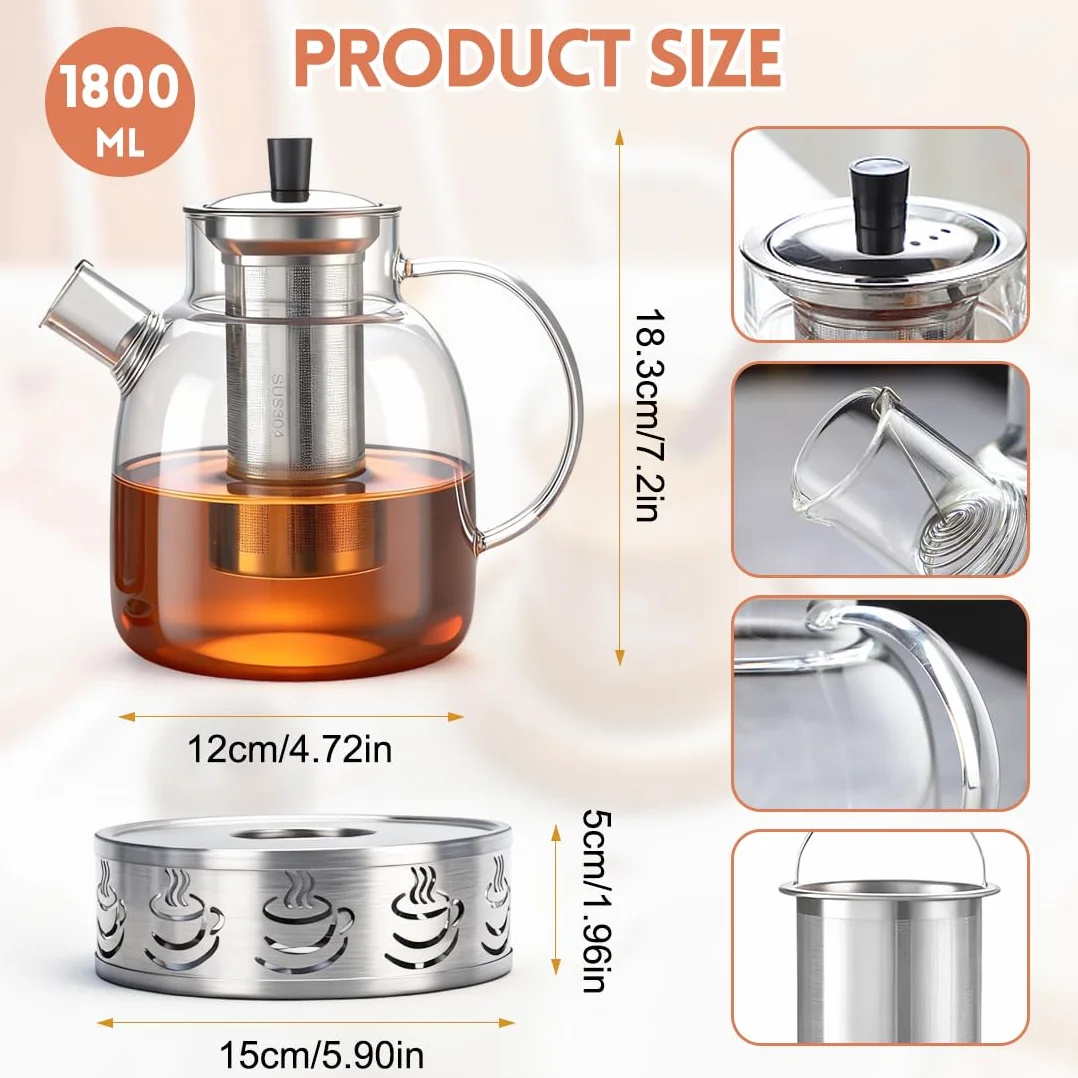 Dzbanek do herbaty z podgrzewaczem, 1800 ml, szklany dzbanek do herbaty z sitkiem ze stali nierdzewnej i pokrywką, odporny na wysokie temperatury, dzbanek do kawy, szkło borokrzemowe, zaparzacz do