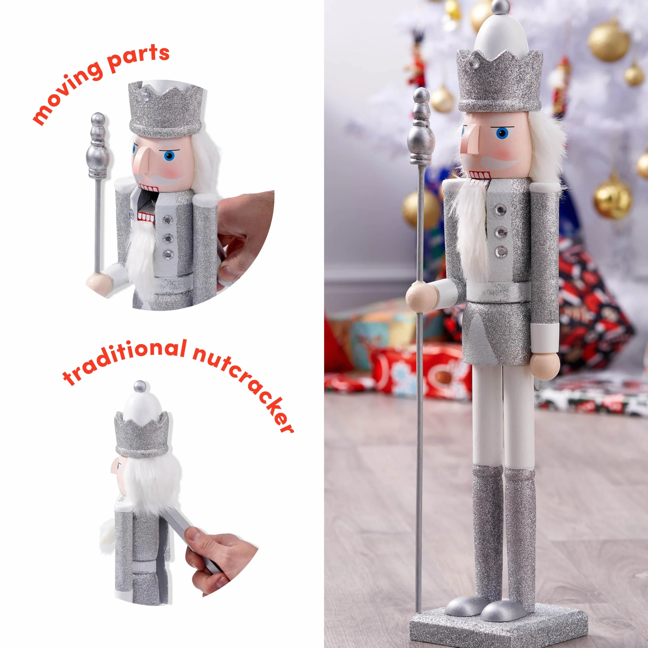 THE TWIDDLERS Duży Drewniany Świąteczny Dziadek do Orzechów ze Stojakiem, XL 50cm - Tradycyjna Dekoracja Świąteczna - Solidna i Najwyższa Jakość (Biały i Srebrny)