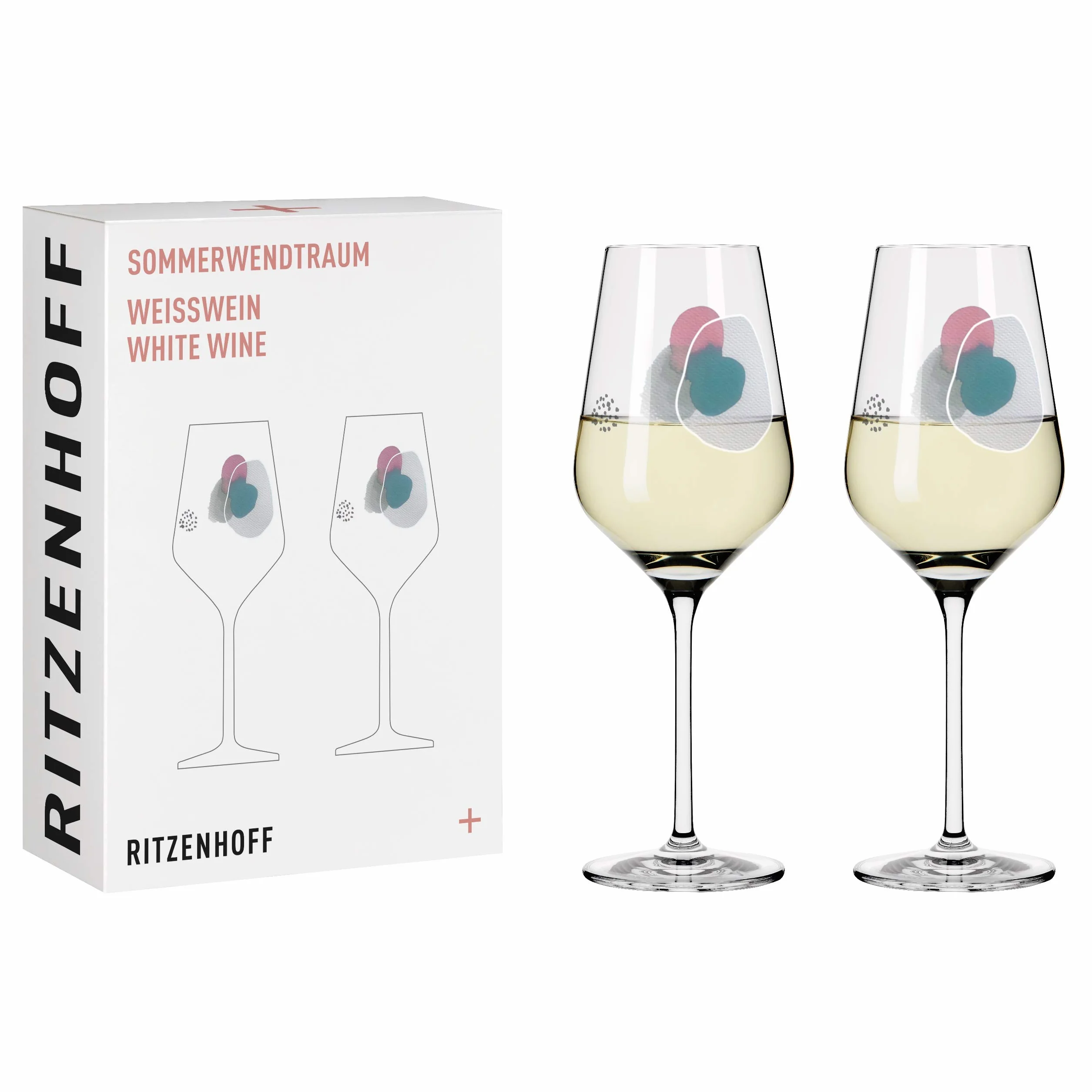 RITZENHOFF 3611001 Kieliszek do białego wina, 300 ml, seria Sommerwendtraum zestaw nr 1, 2 sztuki z kółkami akwarelowymi - Made in Germany