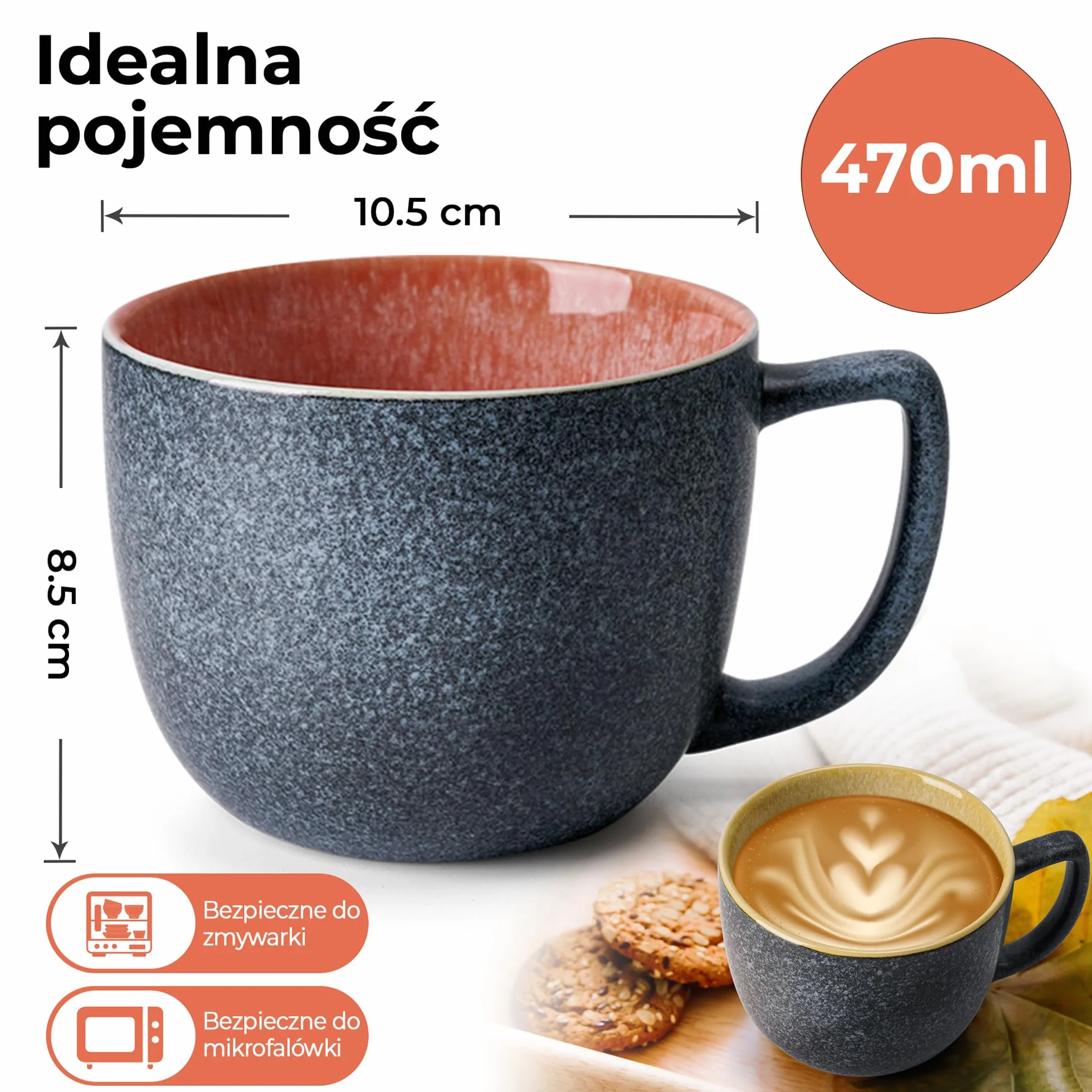 MIAMIO Las Palmitas Zestaw 6 filiżanek do kawy o pojemności 470 ml, duże, nowoczesne kubki z kamionki
