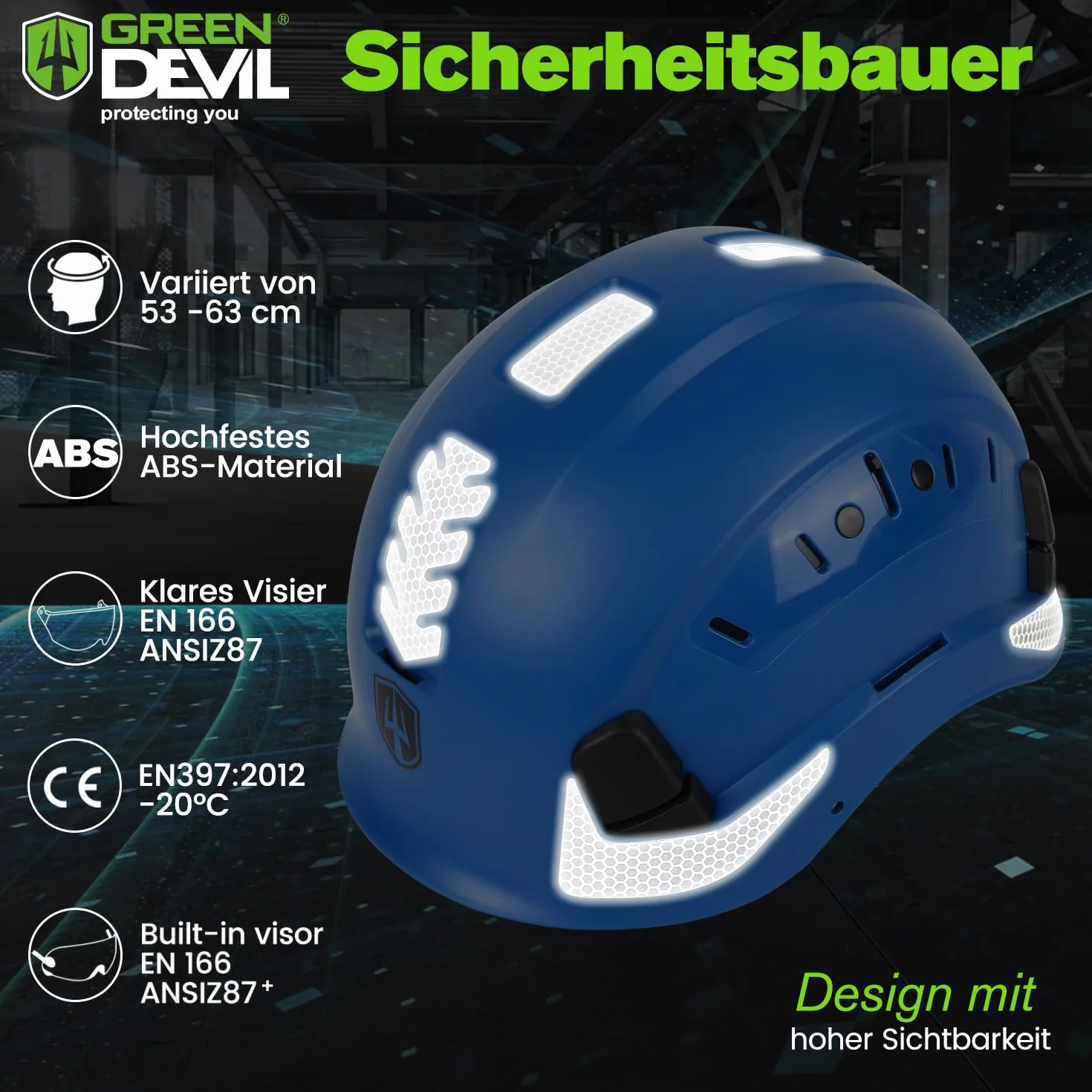 GREEN DEVIL EN397 & EN166 kask ochronny z certyfikatem przemysłowym z przyciemnianym + przezroczystym wizjerem | kask ochronny z podwójnym wizjerem do budownictwa, rzemiosła i przemysłu | wentylowany