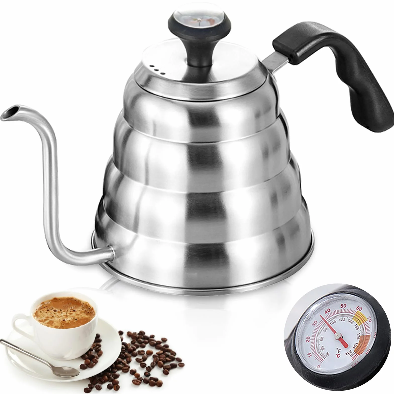 Czajnik typu łabędzia szyja: 1200 ml / 40 oz ze stali nierdzewnej, dzbanek do kawy, czajnik z termometrem, do wszystkich typów kuchenek, trwały, łatwy do czyszczenia
