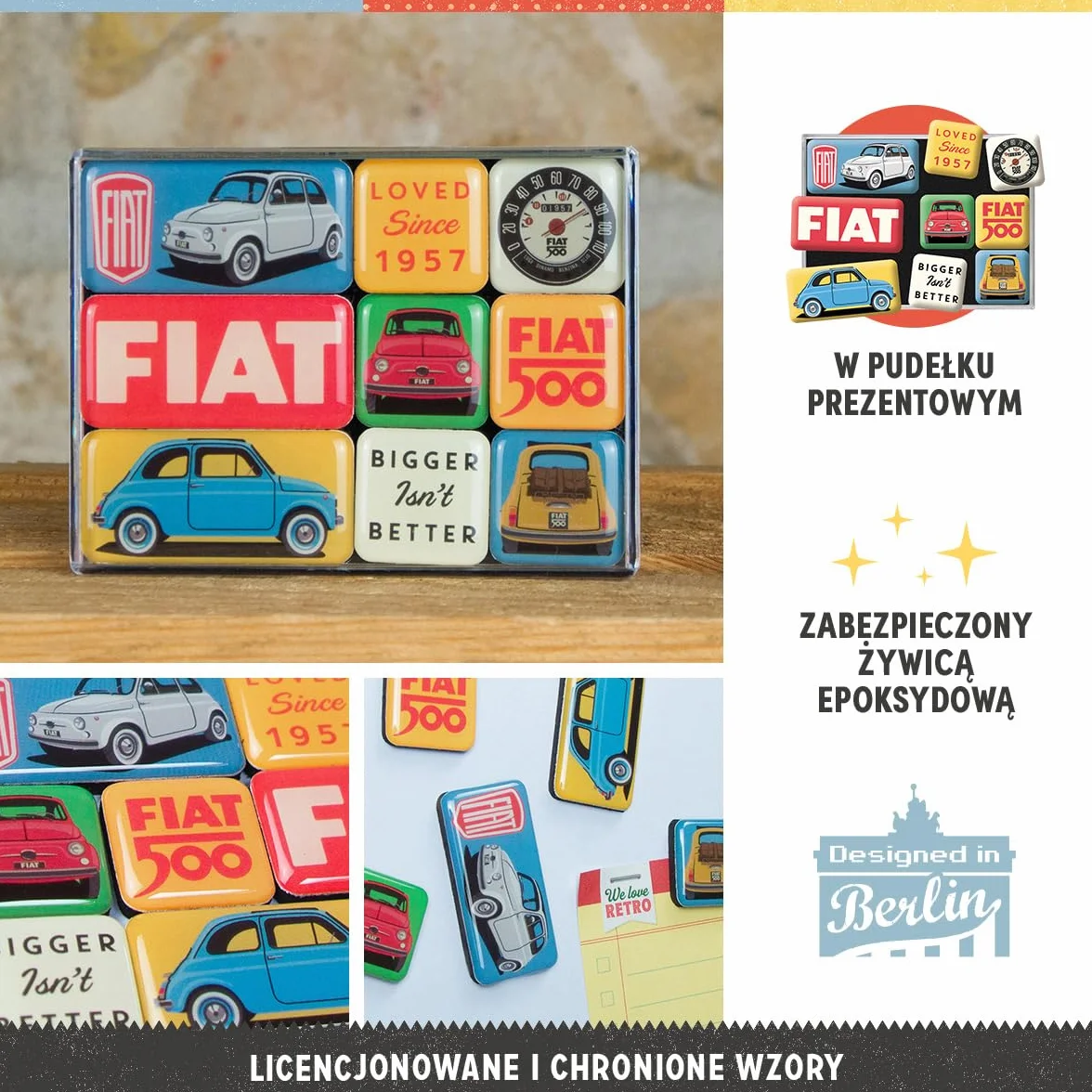 Nostalgic-Art Retro magnesy na lodówkę, 9 sztuk, Fiat 500 – Loved Since 1957 – Pomysł na prezent dla miłośników Fiata, Official License Product (OLP), zestaw magnesów, Styl vintage
