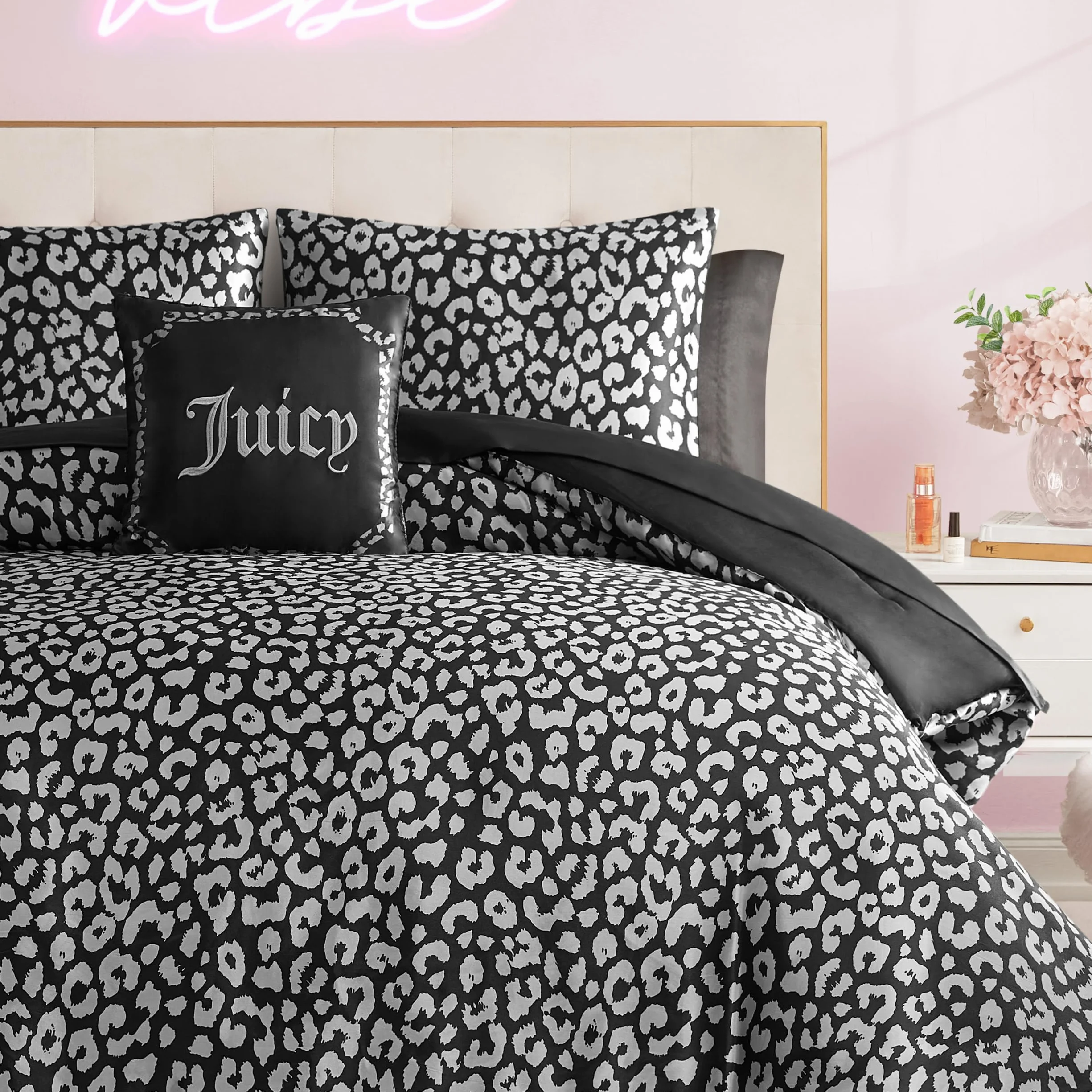 Juicy Couture Nowoczesny zestaw pościeli z satyny w panterkę - luksusowe łóżko w torbie - miękka i stylowa 8-częściowa kolekcja pościeli