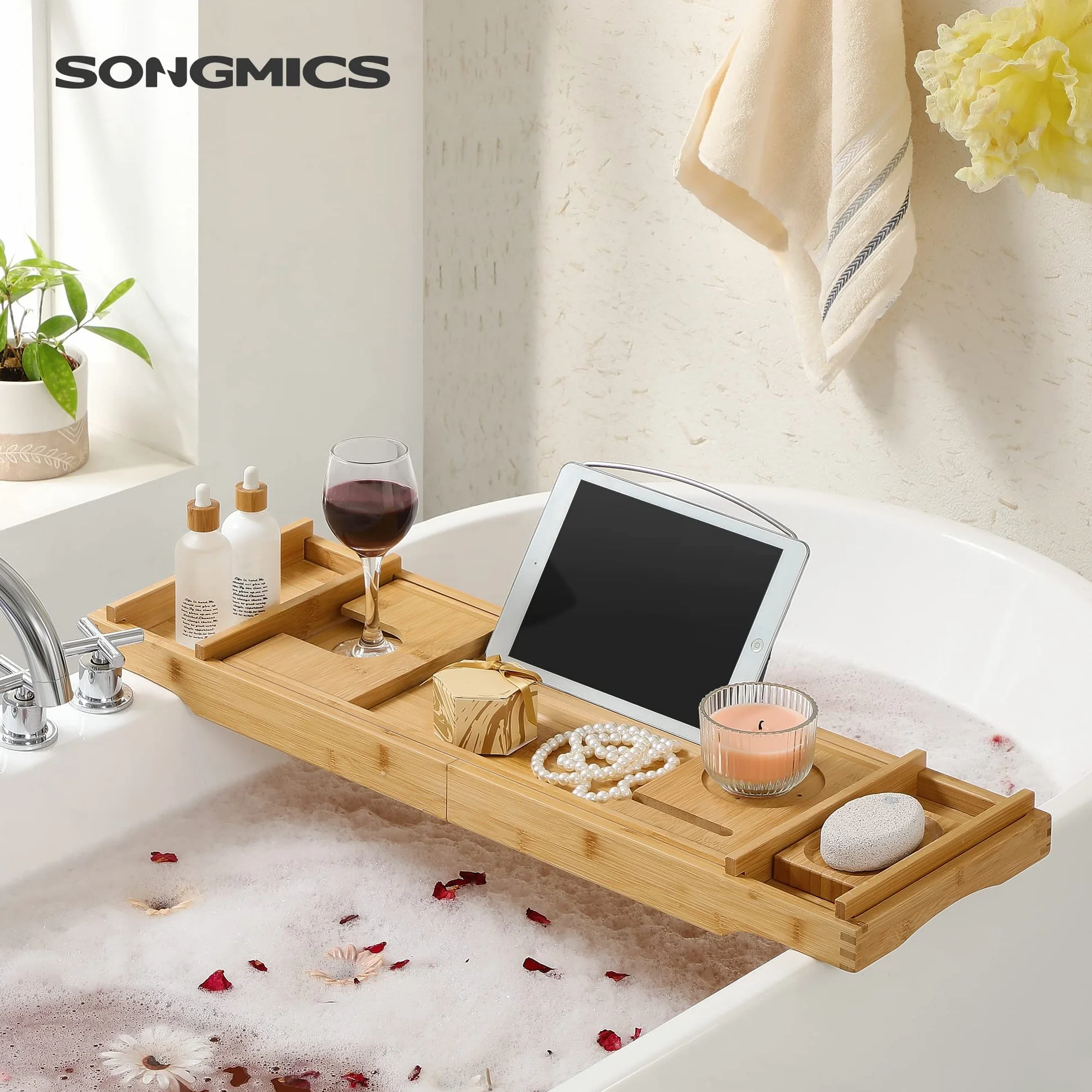 SONGMICS BCB88Y wysuwana półka na wannę z bambusa, regulowana półka na wannę, z uchwytem na napoje, podpórką na książkę, uchwyt na mydło 75-109 x 4,5 x 23 cm (szer. x wys. x głęb.)