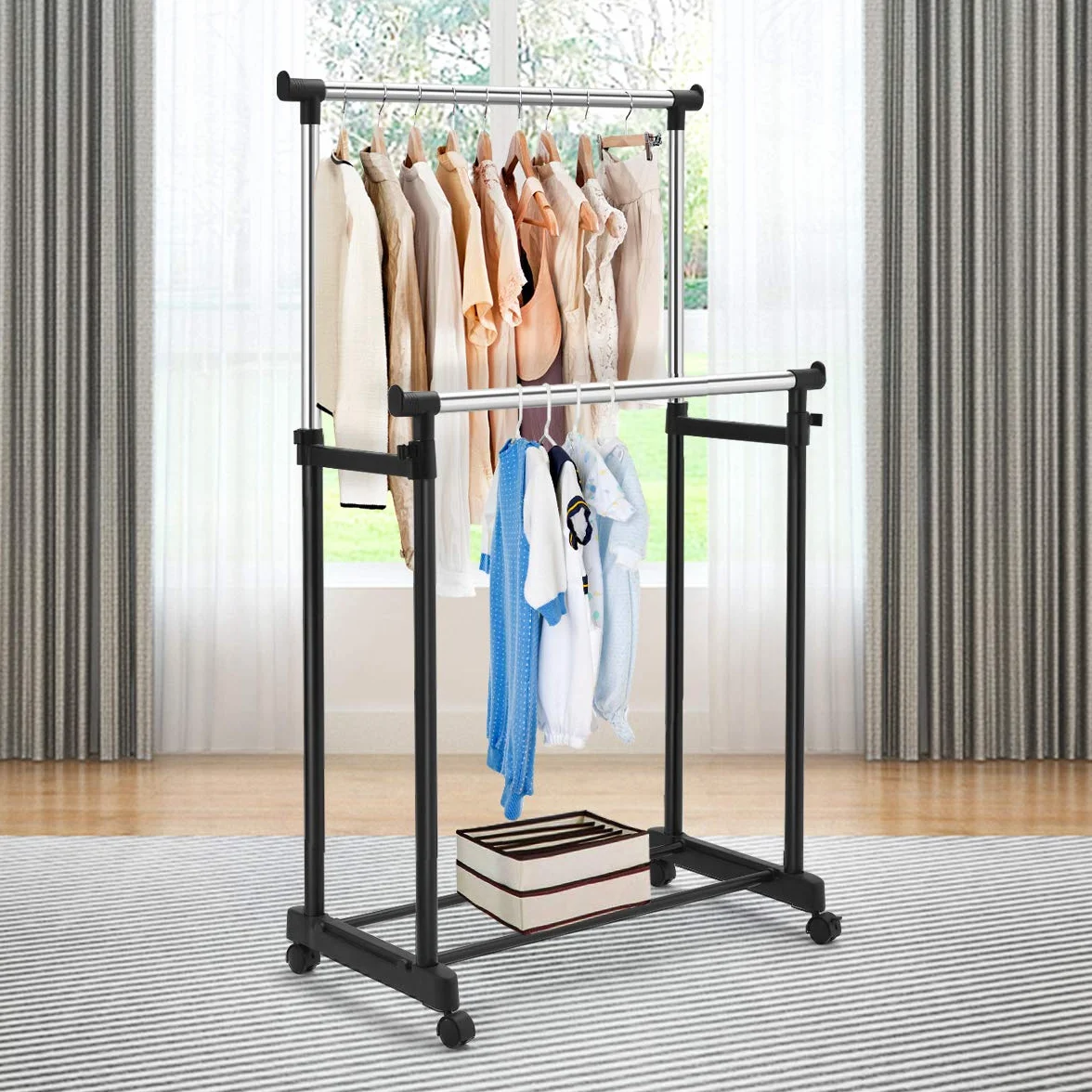 COSTWAY Wieszak na ubrania z 2 drążkami regulacja wysokości stojak na kółkach 86x43x94-168 cm czarny