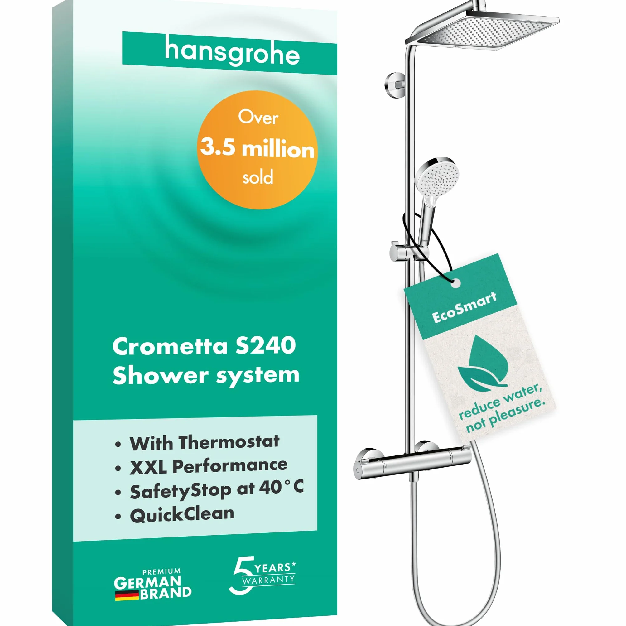 hansgrohe Crometta E - oszczędzający wodę komplet prysznicowy (EcoSmart) z termostatem, zestaw prysznicowy z główką prysznicowa, wąż, szyna i deszczownica kwadratowa (240x240mm), chrom, 27281000