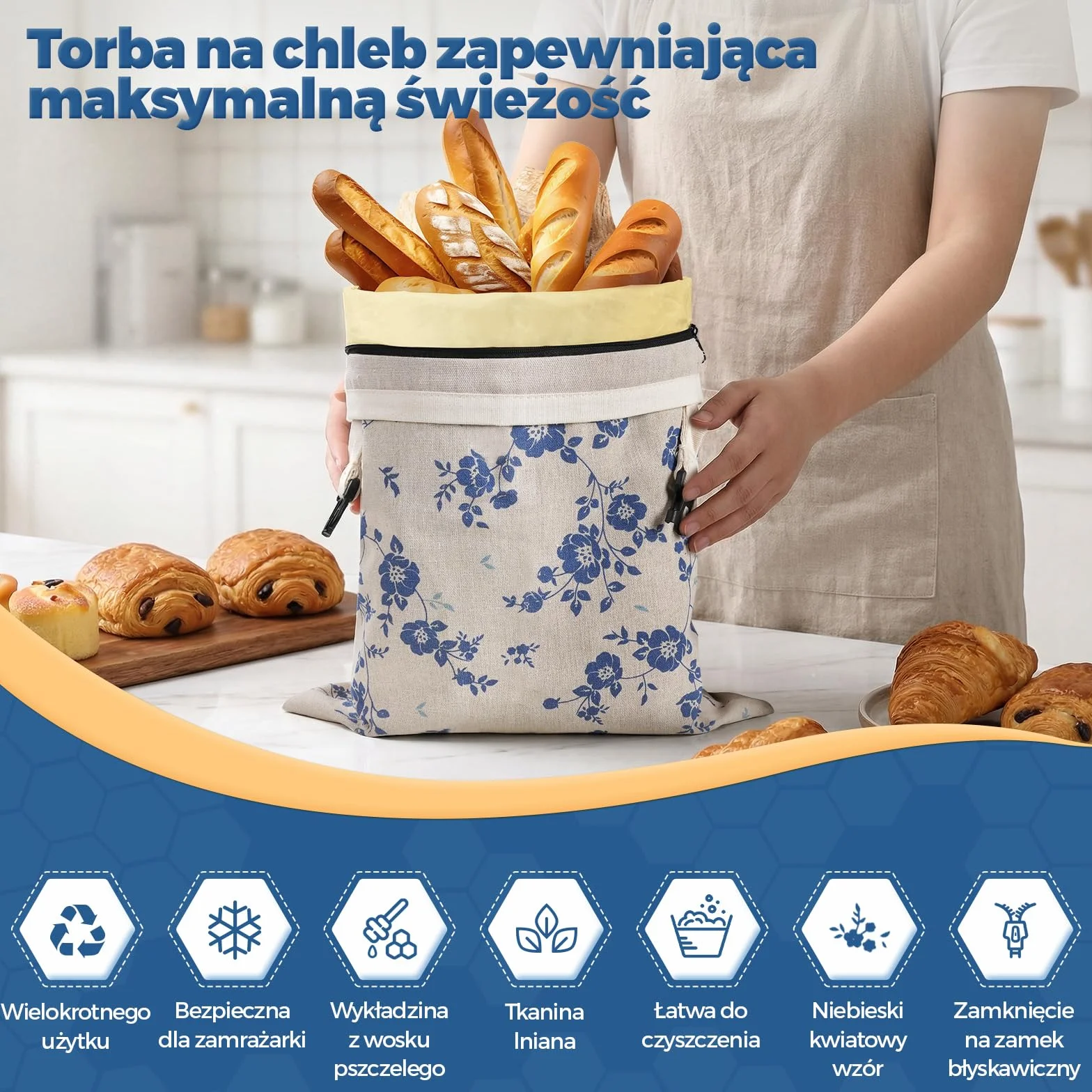 YARRAMATE lniane worki na chleb z wosku pszczelego niebieski kwiatowy zamek błyskawiczny do zamrażania wielokrotnego użytku