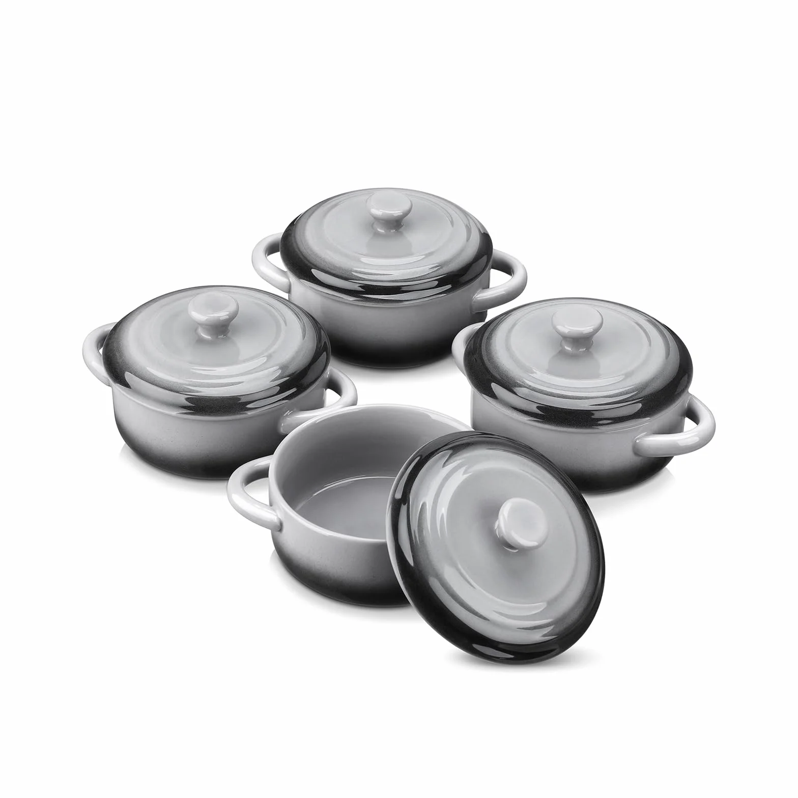 LOVECASA Małe naczynie do zapiekania do piekarnika, ceramiczny mini zestaw koktajli 350 ml, francuskie miski do zupy cebulowej z pokrywkami i uchwytem, ramekiny do gulaszu, lasagne, zestaw 4 szt