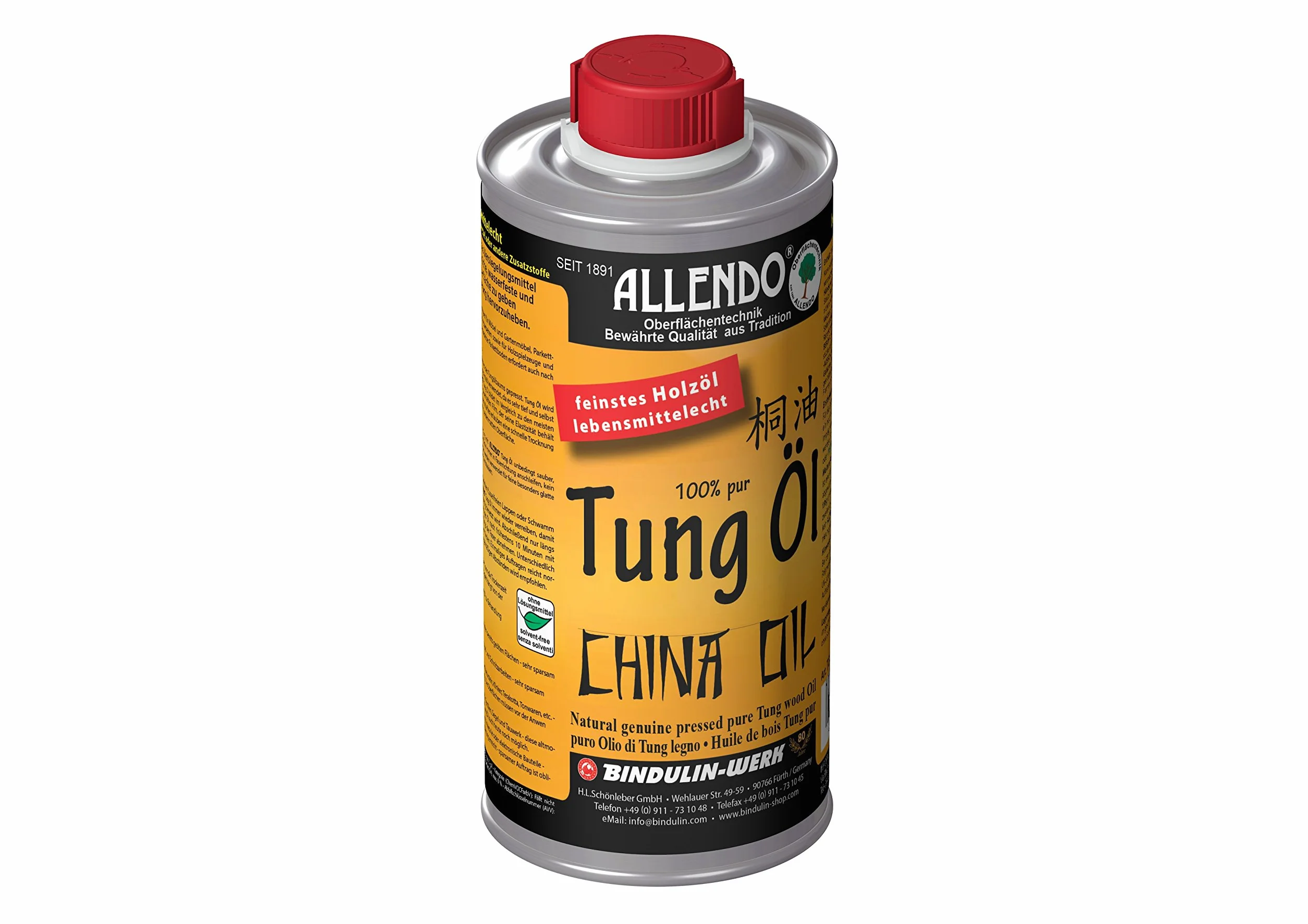Allendo® 100% czysty olej Tung do użytku wewnątrz i na zewnątrz, impregnat do drewna, bezbarwny, jedwabisty mat firmy Bindulin 250 ml