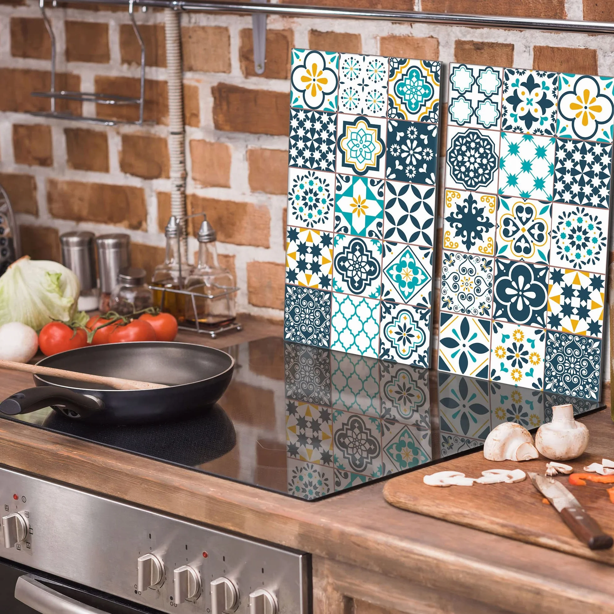 Szklana płyta ochronna na kuchenkę, 2-częściowa 60x52 cm, szklana deska do krojenia, osłona płyt indukcyjnych, ceramicznych, ochrona przed rozpryskiwaniem, uniwersalna, MOZAIKA
