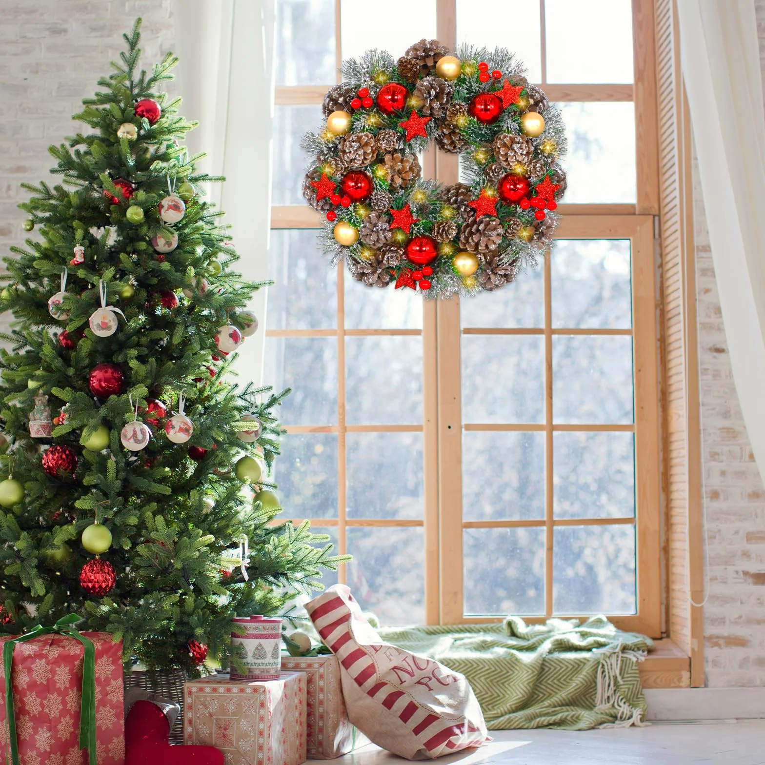 Wieniec bożonarodzeniowy LED 30 cm – wieniec na drzwi wejściowe, kominek i na zewnątrz – Christmas Wreath z oświetleniem