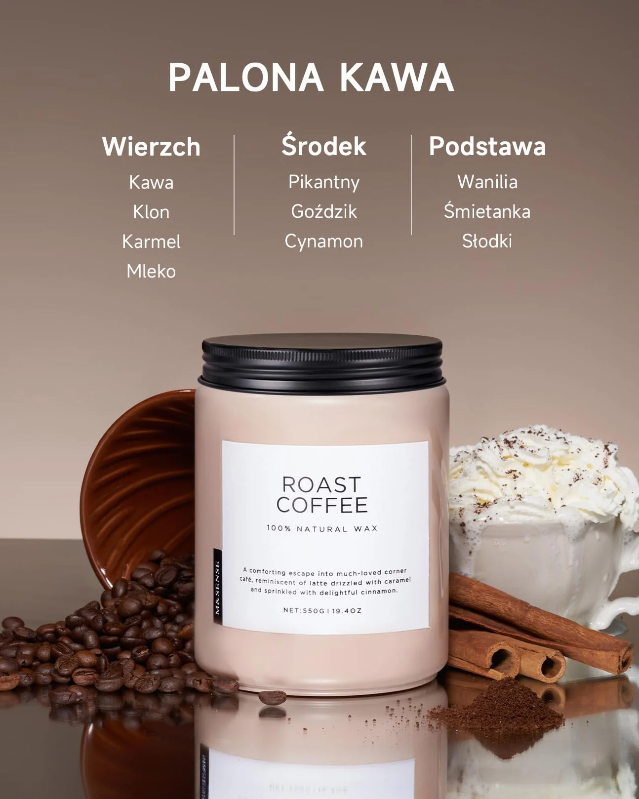 M&SENSE Świeca Zapachowa Intensywna Kawa 2 Knoty Naturalny Wosk Sojowy 550g 110h Palenia
