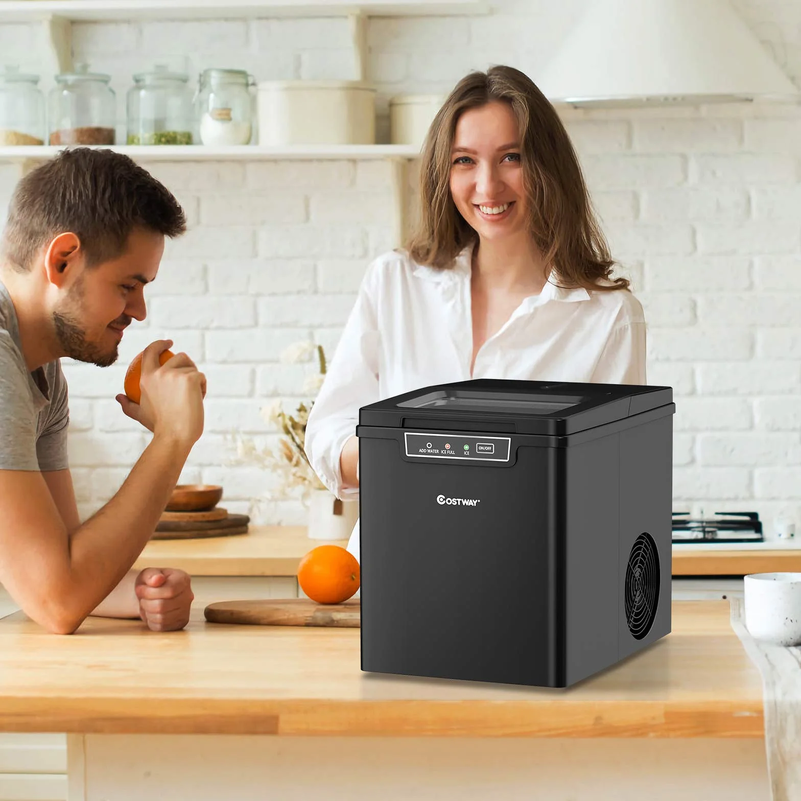 COSTWAY Kostkarka do lodu 1,85 l, 12 kg/24 h, 9 kostek lodu w ciągu 6 min, cicha, kostkarka do lodu z wyświetlaczem LED, szufelką i wyjmowanym koszem na lód 35 x 25 x 29,5 cm