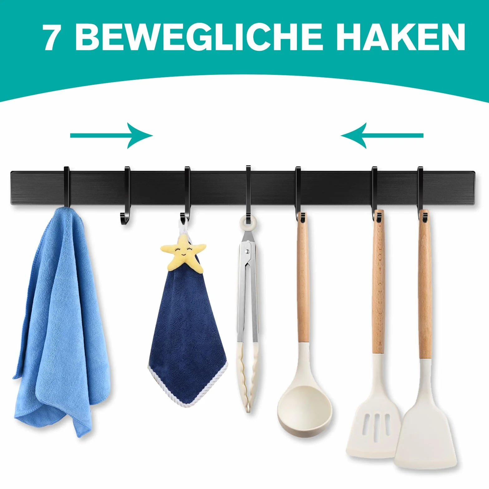 Aluminiowa listwa z haczykami do kuchni 40 cm czarna matowa bez wiercenia 7 haczyków