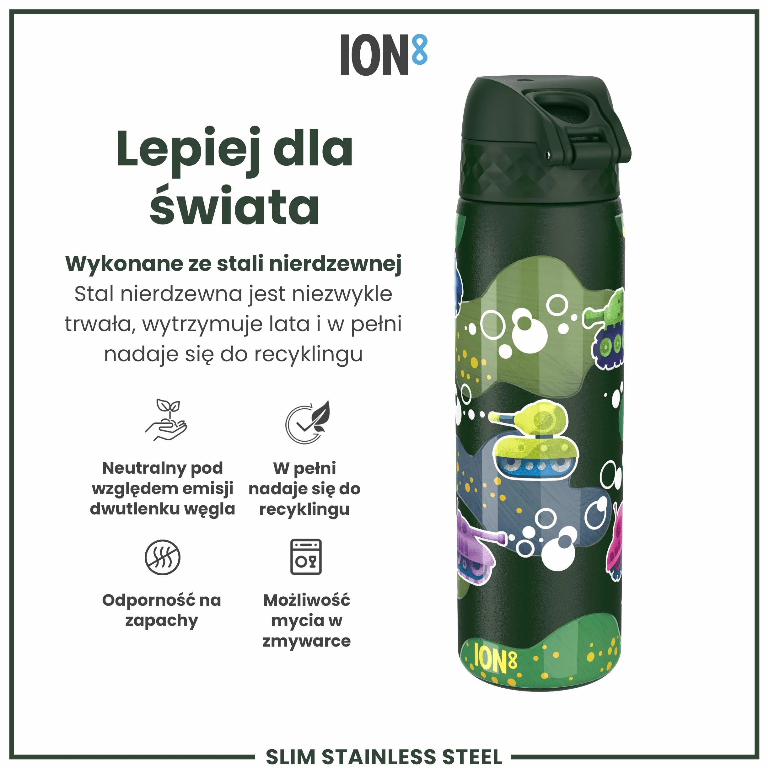 ION8 Butelka na Wodę ze Lekki Stali, 600 ml/20 oz, Nieocieplany, Szczelna, Łatwe Otwieranie, Bezpieczny Zamek, Można Myć w Zmywarce, Higieniczne Pokrycie, Składany Uchwyt, Czołgi