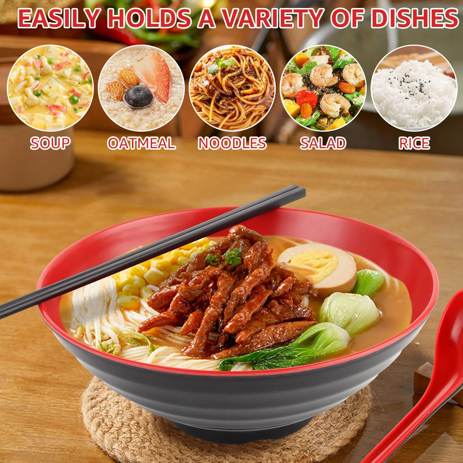 4-częściowy zestaw misek do ramenu, miska z łyżeczką i pałeczkami, miska do ramen 1000 ml, zestaw misek do ramenu Buldak, makaron udon, chiński makaron, ramen Nissin (czerwony)