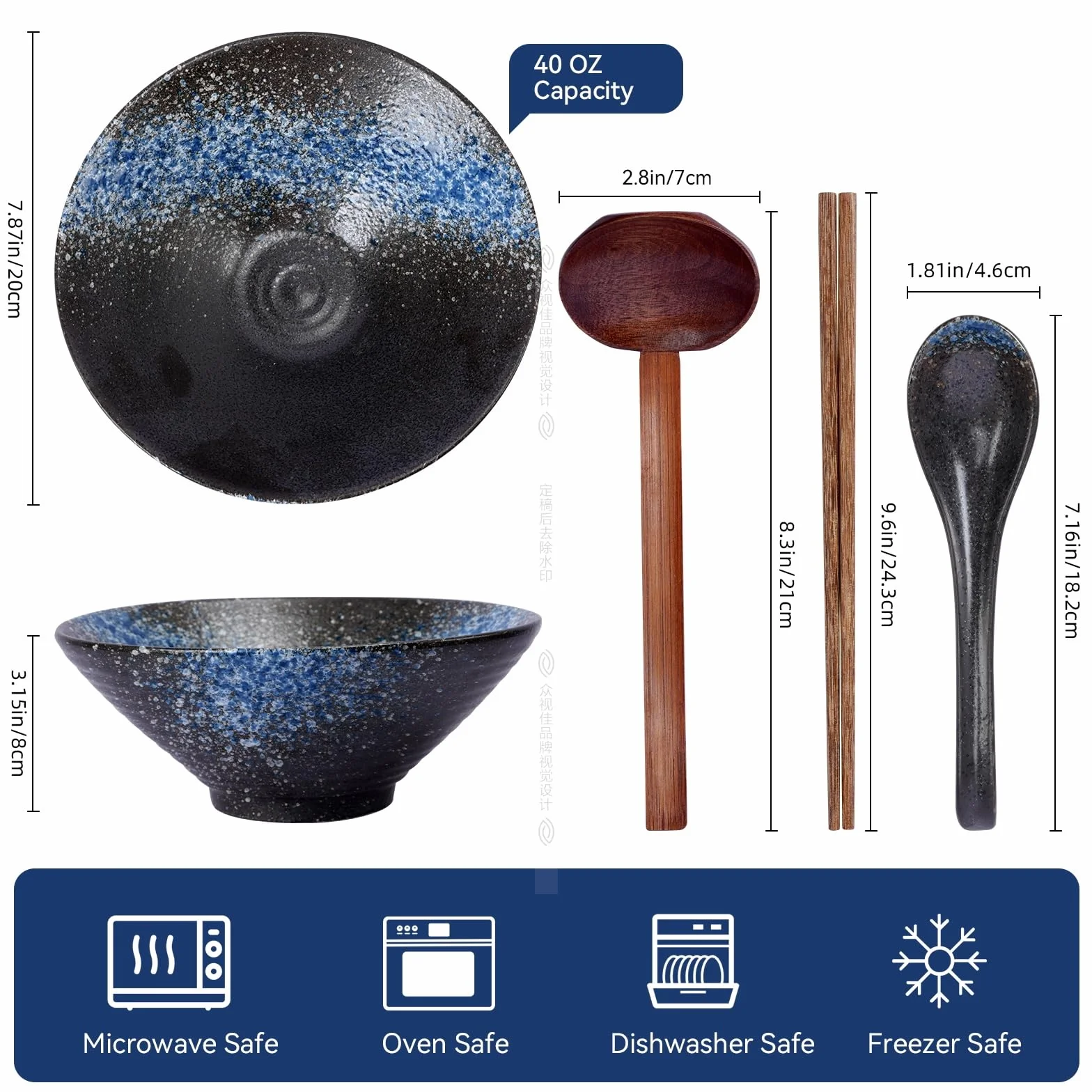 Miska Ramen,Ceramiczny Zestaw Misek Rameno, 2 X 1000ML Ceramiczna Miska do Ramenu,Japońska Miska do Ramenu do Makaronu, Tradycyjny Azjatycki Zestaw Naczyń do Udon, Makaronu, Pho, Soba