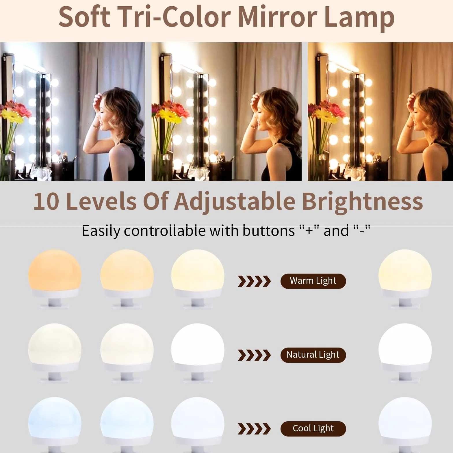 Lustro Led Toaletka 10 żarówek Hollywood Zestaw do ściemniania światła Lustro Toaletka Makeup Rampa Zdejmowana lampa do lustra 3 kolory oświetlenie toaletki (10)