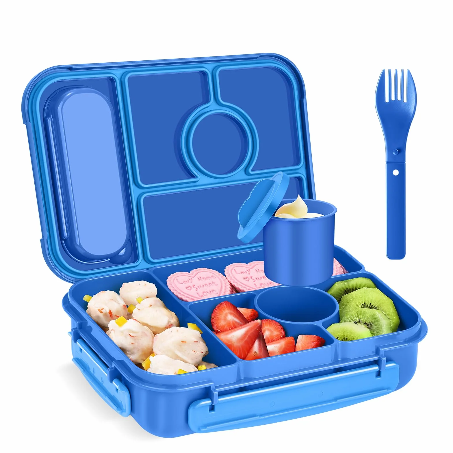Amathley Bento Lunch Box Dla Dzieci,Pudełko na Lunch Dla Dzieci/Dorosłych,1300ML Szczelne Lunch,ze Pudełko Na Sos i 5 Przegródkami,Nbez BPA, Można Używać w (Ciemnoniebieski)