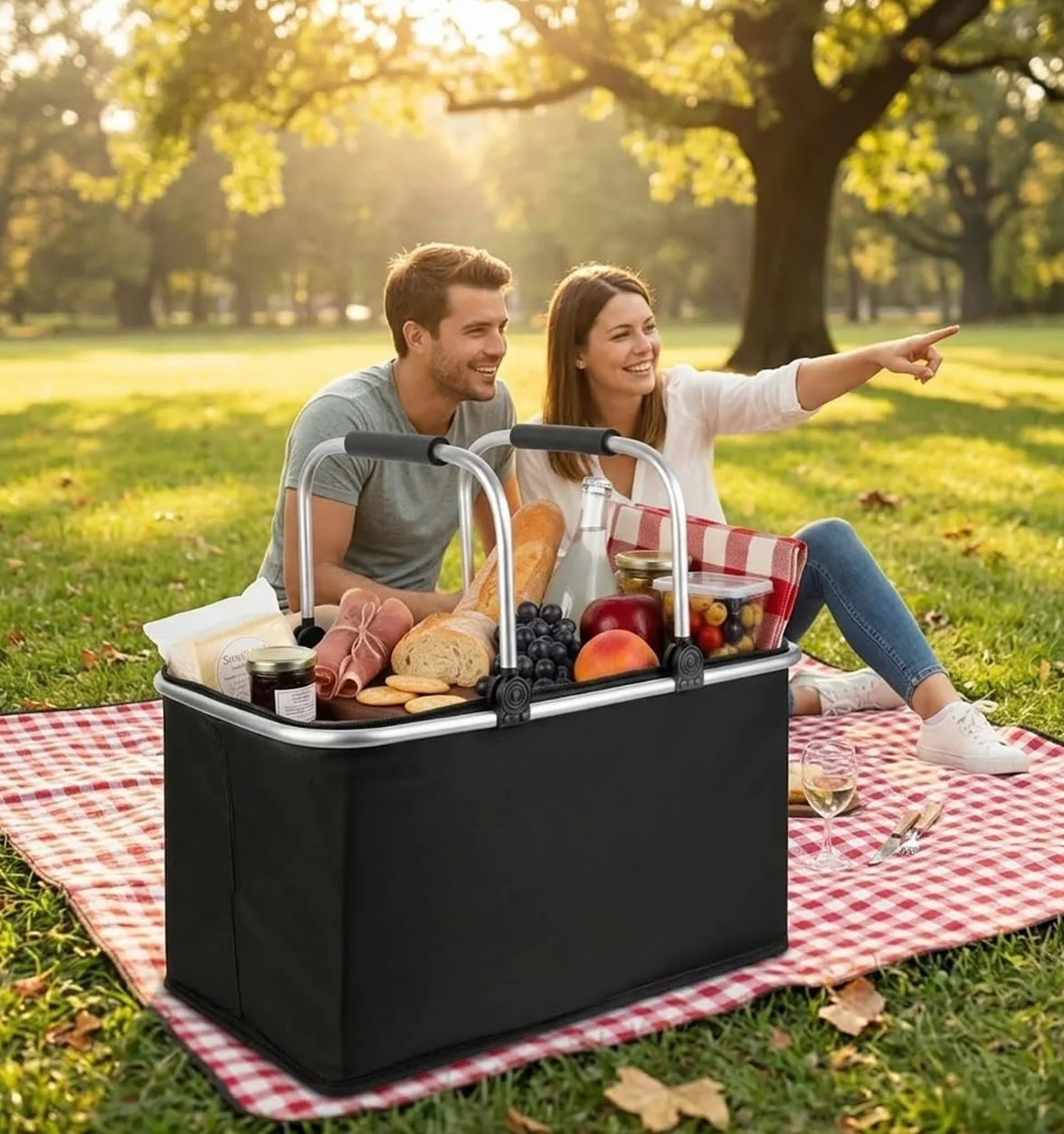 Kosz na zakupy, składany, termiczny, piknikowy, przenośny, z wyściełanymi uchwytami, kosz do noszenia, na podróż, zakupy, piknik, 47 l, 1 sztuka (czarny)