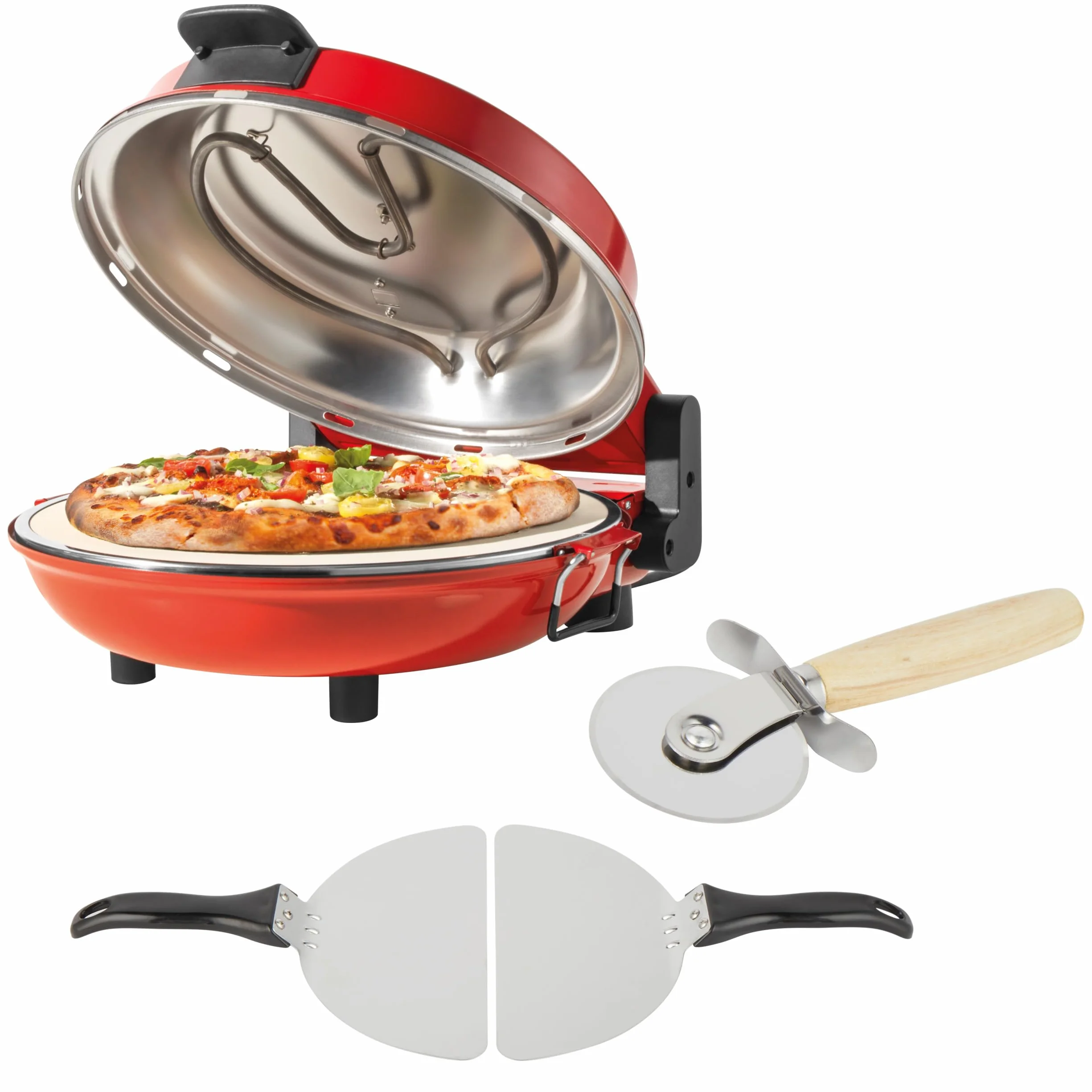Petra PT5666VDE Elektryczny piecyk do pizzy — 1200 W, 5 ustawien grzania, szybkie nagrzewanie, profesjonalne pieczenie pizzy w 5 minut, wyjmowany kamien do pizzy, nóz i 2 lopatki, czerwony