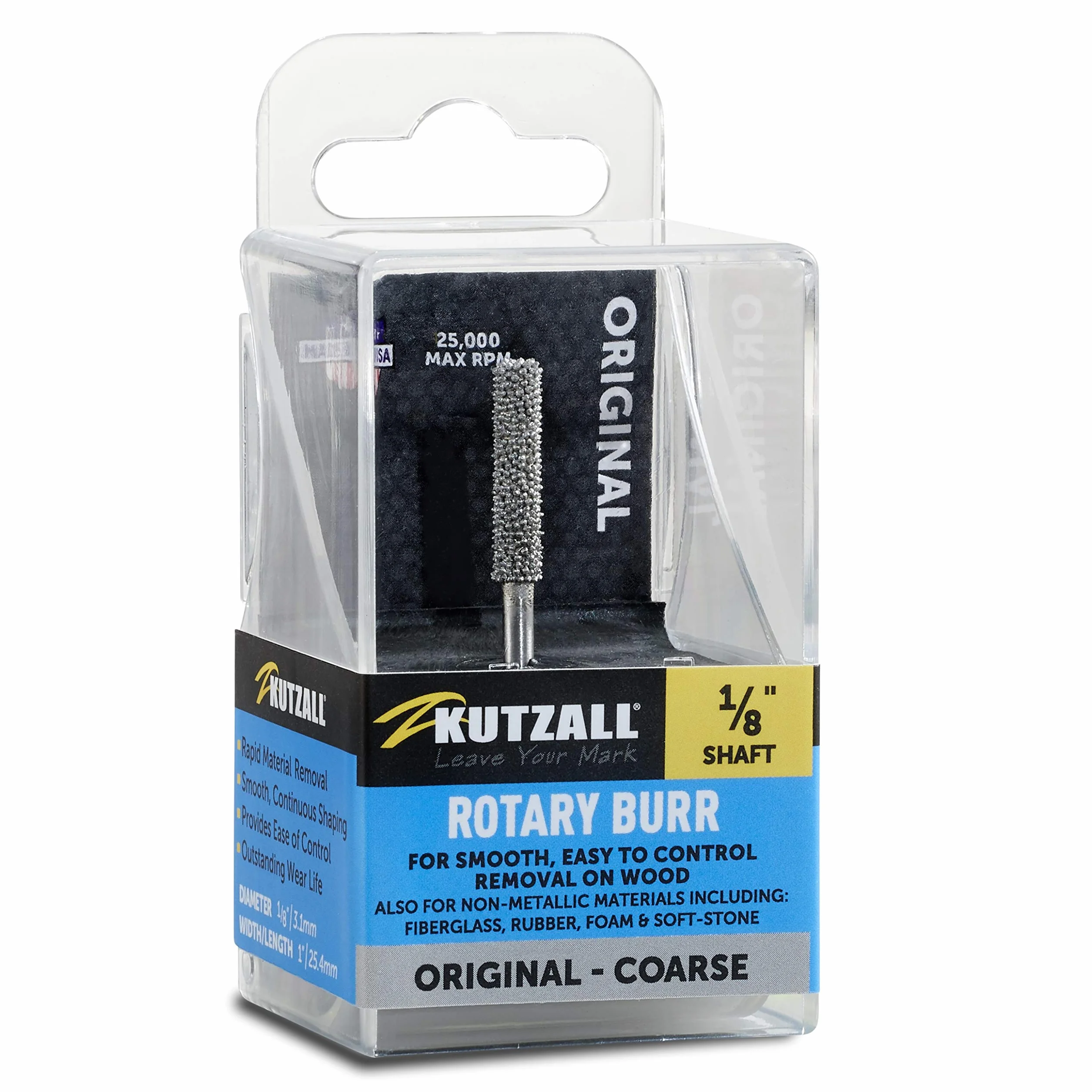Kutzall Original Cylinder Rotary Burr, 1⁄8" Shaft, Coarse - Woodworking Attachment for Dremel, Foredom, DeWalt, Milwaukee. Abrasive Tungsten Carbide, 1⁄8" (3.1mm) Dia. X 7⁄8" (22.2mm) Length, C-18-E