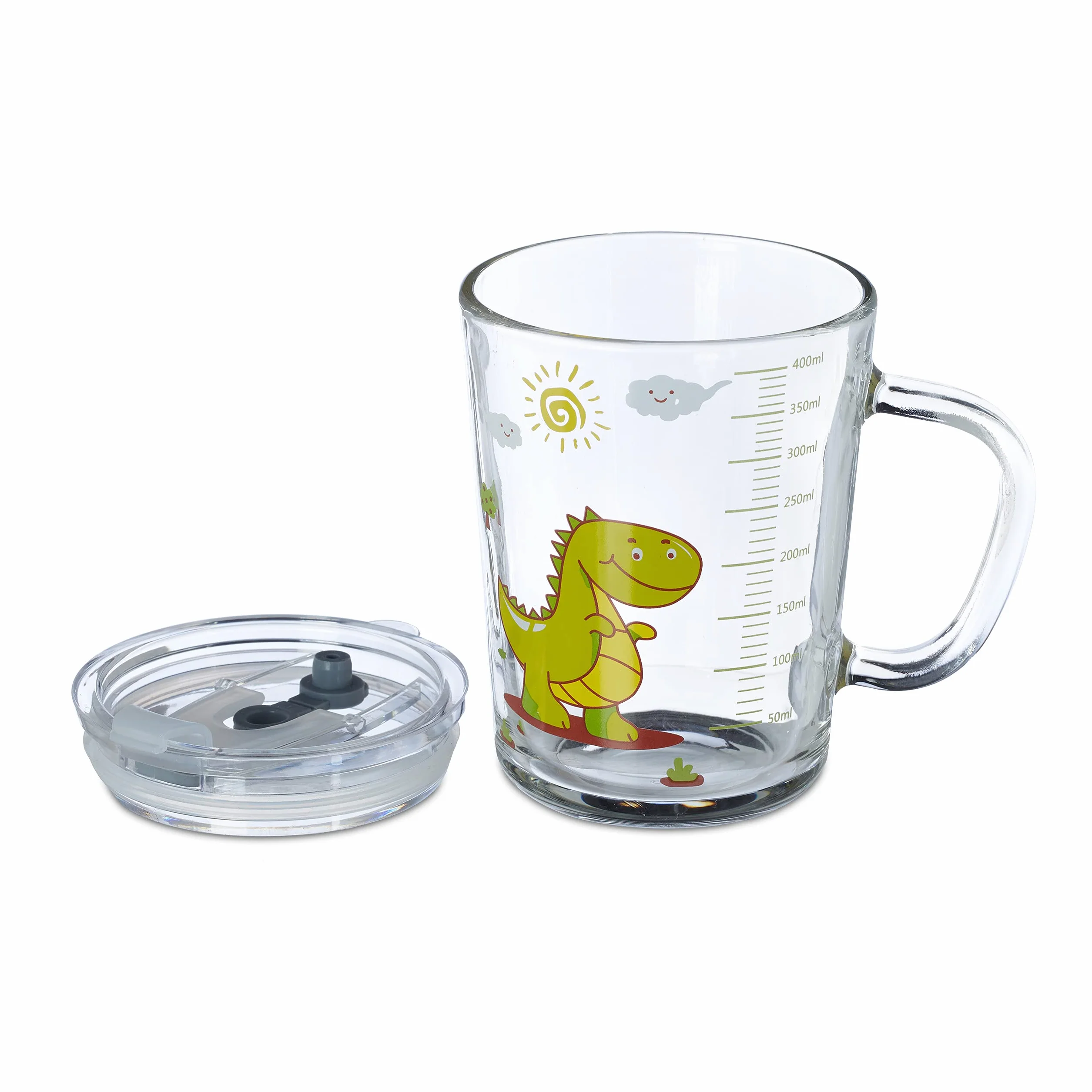 Relaxdays zestaw 2 szklanek ze słomkami, kubki na napoje z uchwytami, motyw dinozaura, 400 ml, ze skalą, przezroczysty