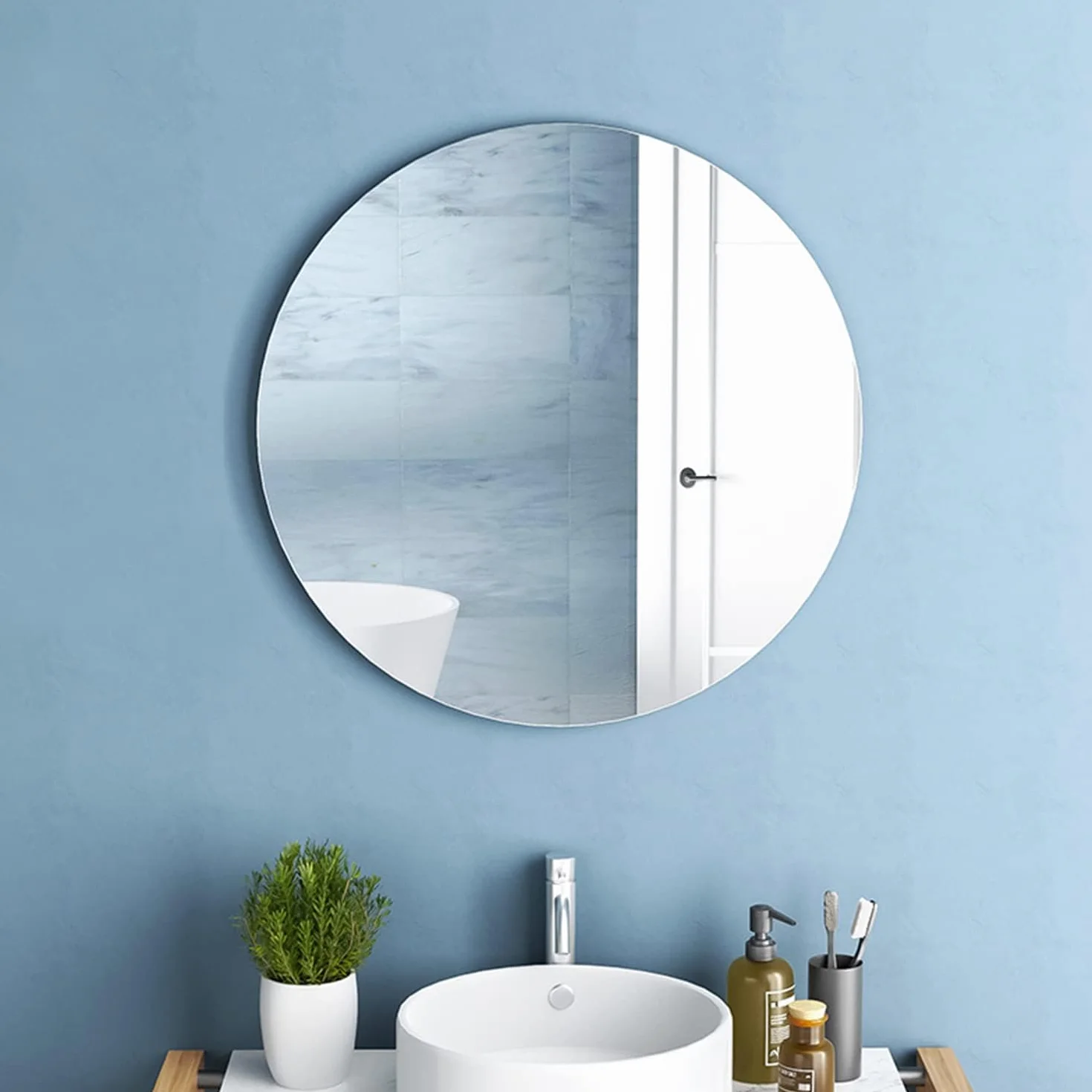 TSKDKIT Okrągłe lustro ścienne 40 cm samoprzylepne okrągłe szklane lustro HD duże lustro ścienne 40 cm lusterko do makijażu bez ramy dekoracyjne lustro ścienne do łazienki, sypialni, salonu, drzwi itp