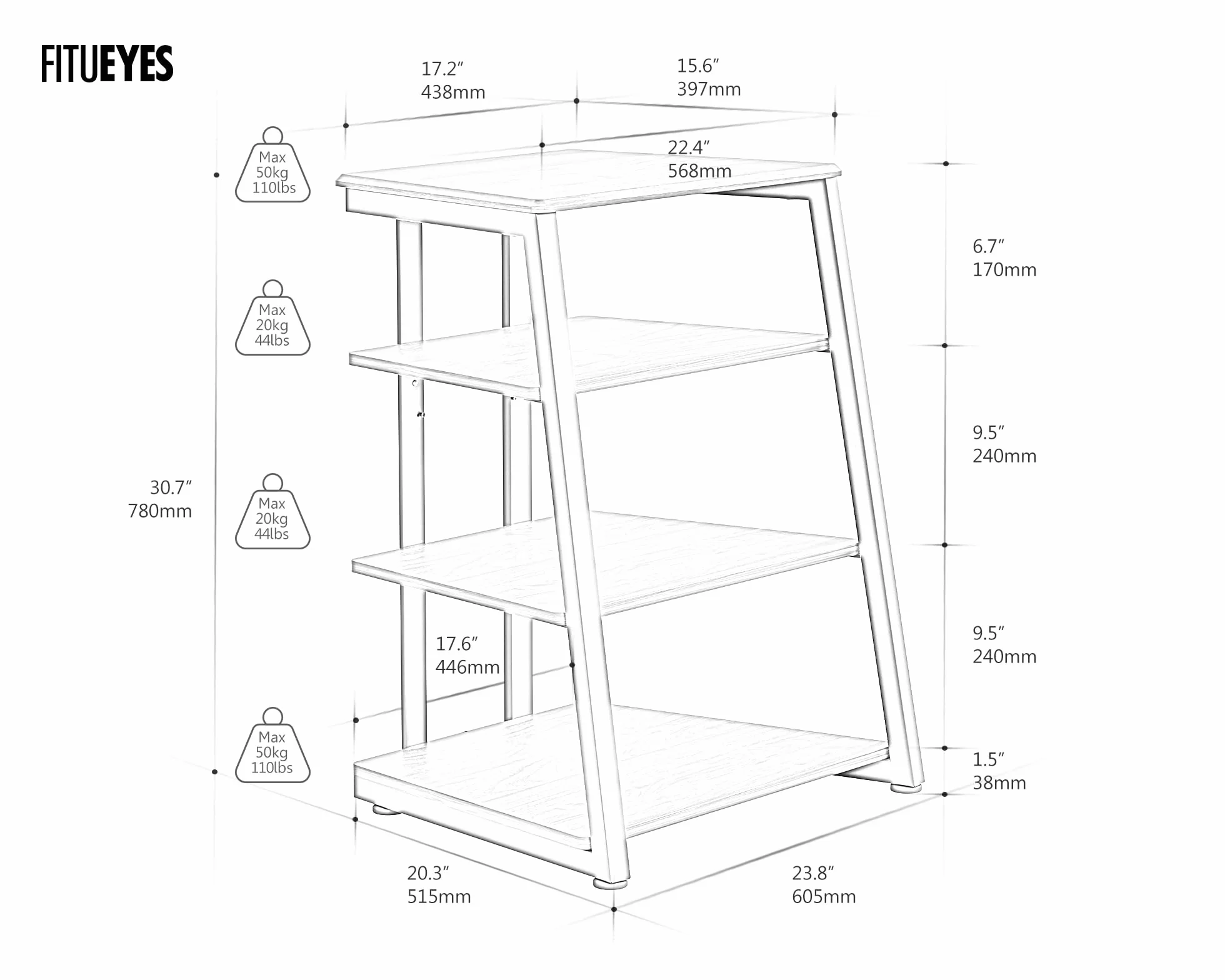 FITUEYES DESIGN 4-poziomowy stojak na media AV, drewniany stojak na telewizor, komponent, szafka, stojak stereo, wieża audio z regulacją wysokości, drewniane półki, do Apple TV/Xbox One, ps4, orzech włoski