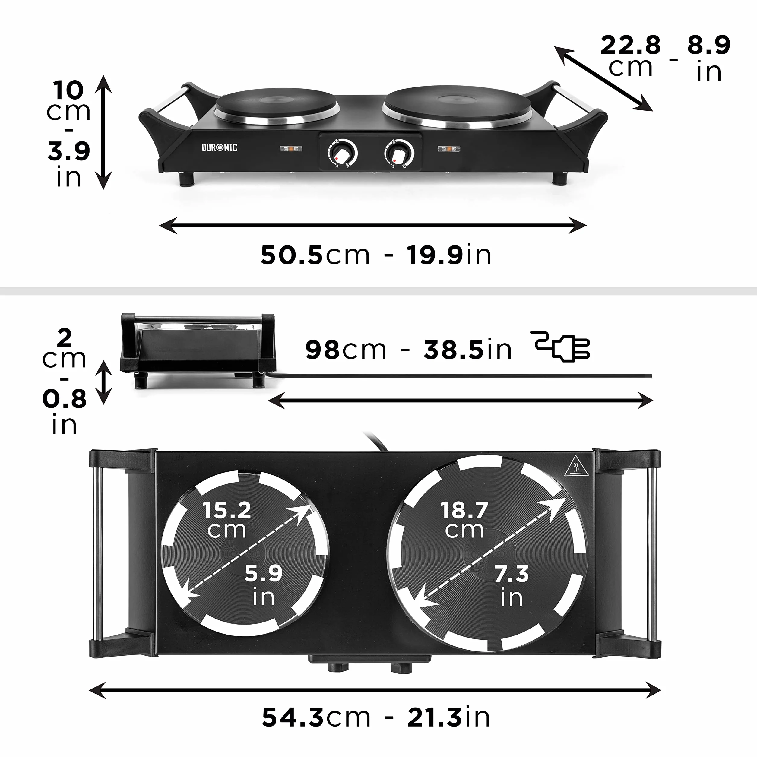Duronic HP2 BK elektryczna płyta grzewcza 1500 W, 20 i 15 cm żeliwna płyta grzewcza | ergonomiczne uchwyty, regulowany termostat, mobilna kuchenka alternatywna do płyty grzewczej
