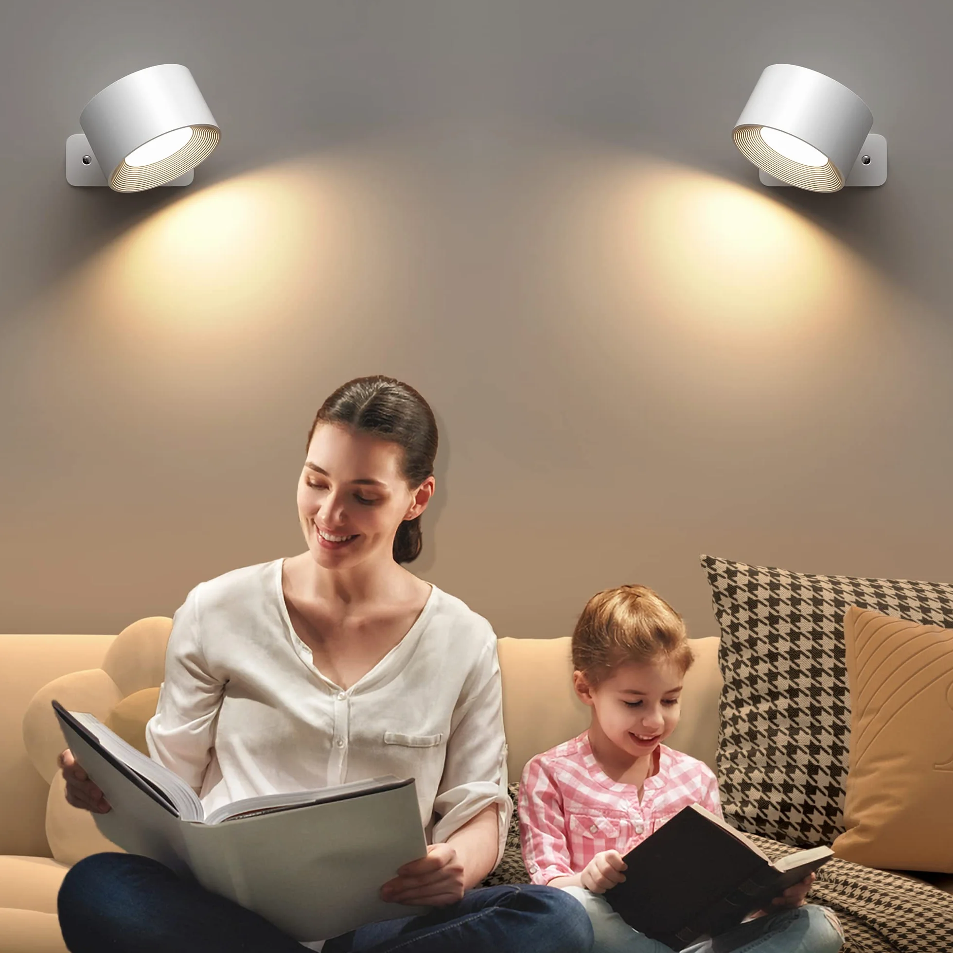 Mexllex Lampa ścienna do wnętrz, 2 sztuki, lampa ścienna z ładowaniem przez USB, 3 kolory i 3 poziomy jasności, lampa ścienna LED, do wnętrz, obracana o 360°, sterowanie dotykowe, bezprzewodowa lampa