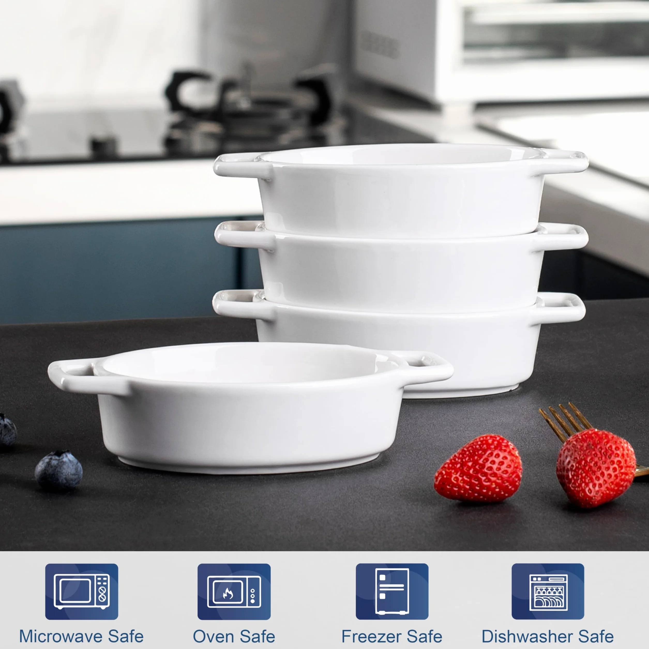 LOVECASA Porcelanowe mini naczynie do zapiekania 190 ml, owalne 11,5 x 3,8 cm, zestaw 4, małe naczynia do pieczenia, mini forma z podwójnym uchwytem, białe
