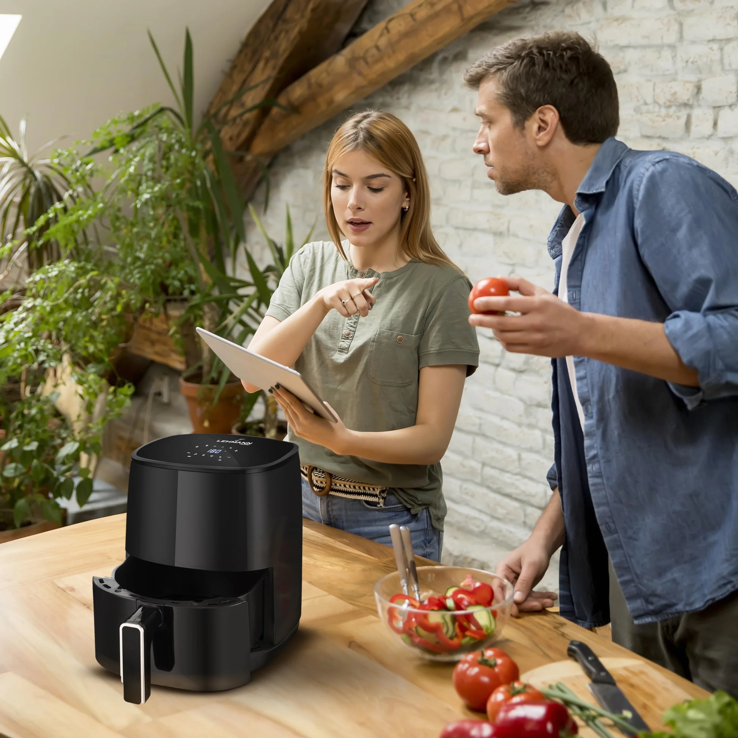 Lehmann LHODF-1435 frytkownica beztłuszczowa na gorące powietrze z 8 programami gotowania, Airfryer z powłoką zapobiegającą przywieraniu n LCD, frytkownica ze zdejmowanym zbiornikiem 3,5 l i regulacją