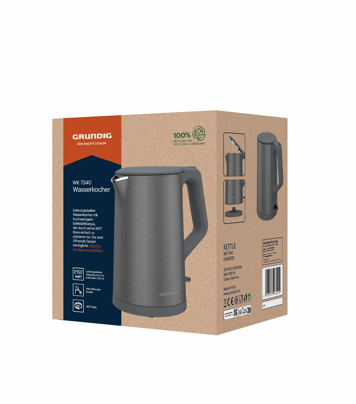 Grundig WK 7340 czajnik elektryczny, moc 2150 W, pojemność 1,5 l, zwijanie kabla, automatyczne wyłączanie, ukryty element grzejny ze stali nierdzewnej, Cool Touch z podwójną ścianką, Dark Inox