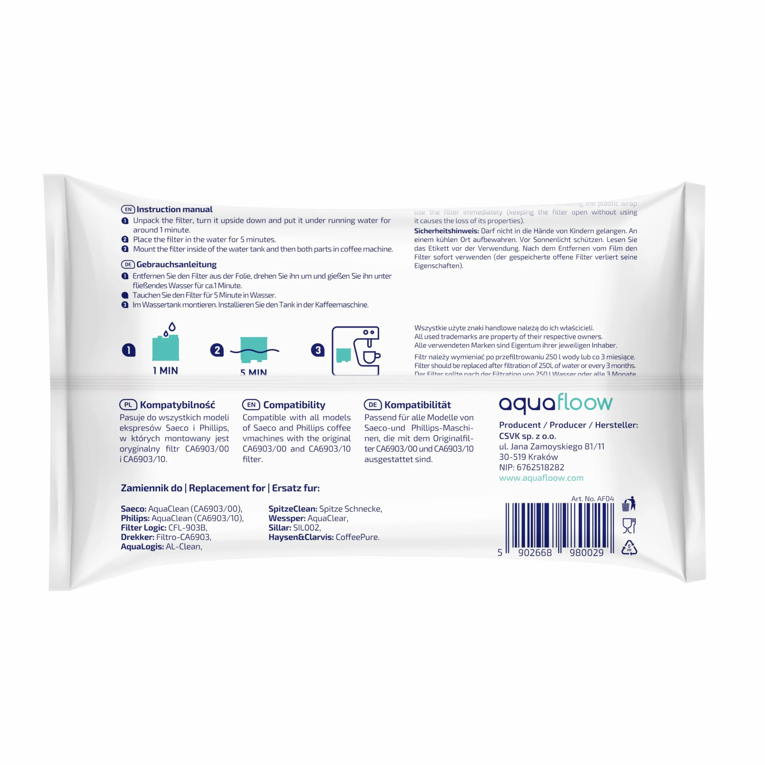 Zestaw do Czyszczenia Ekspresu Philips oryginalne Tabletki Odtłuszczające, Odkamieniacz w Płynie Decalcifier 250 ml oraz 2 Zamienne Filtry Aquafloow, zamiennik dla Saeco AquaClean