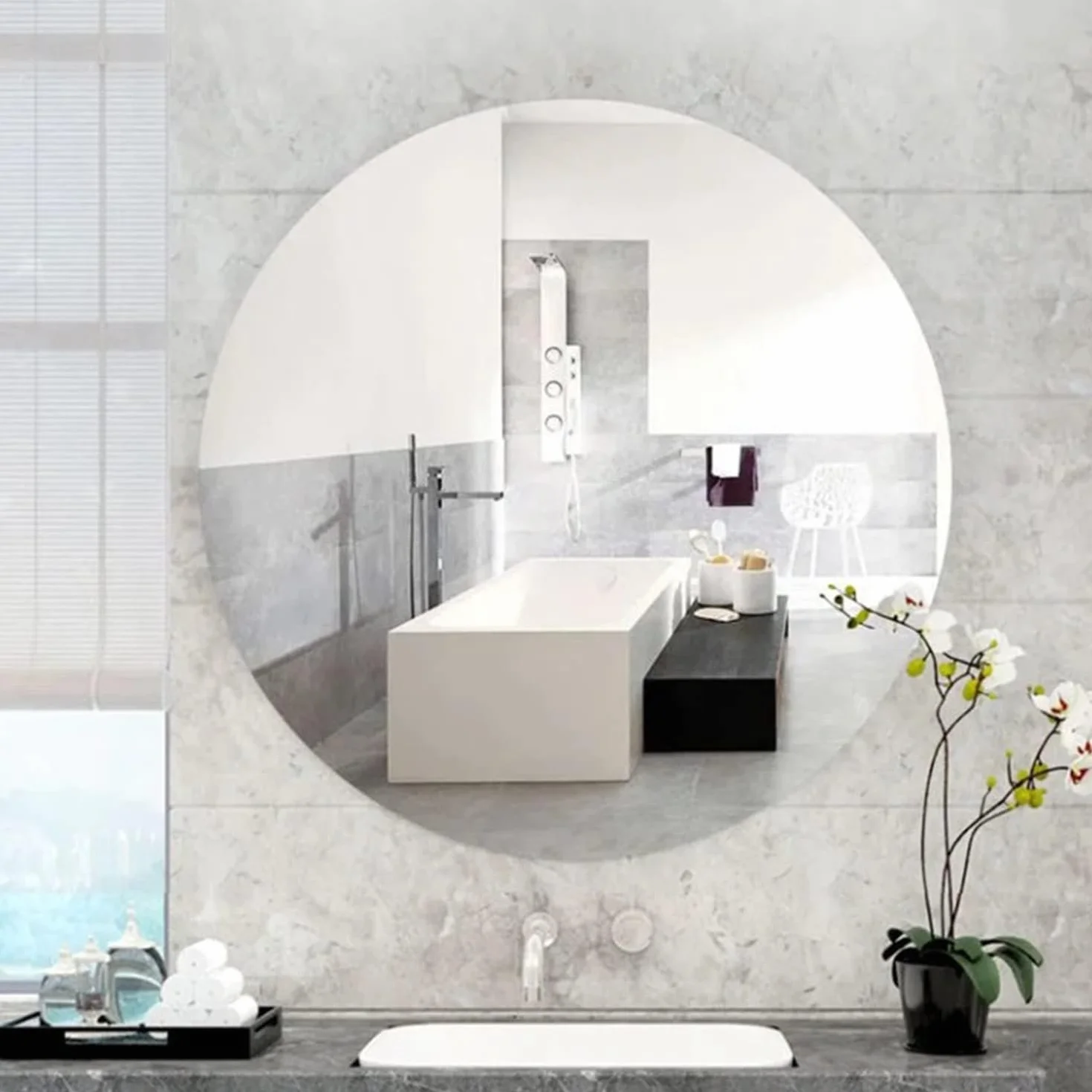 TSKDKIT Okrągłe lustro ścienne 40 cm samoprzylepne okrągłe szklane lustro HD duże lustro ścienne 40 cm lusterko do makijażu bez ramy dekoracyjne lustro ścienne do łazienki, sypialni, salonu, drzwi itp