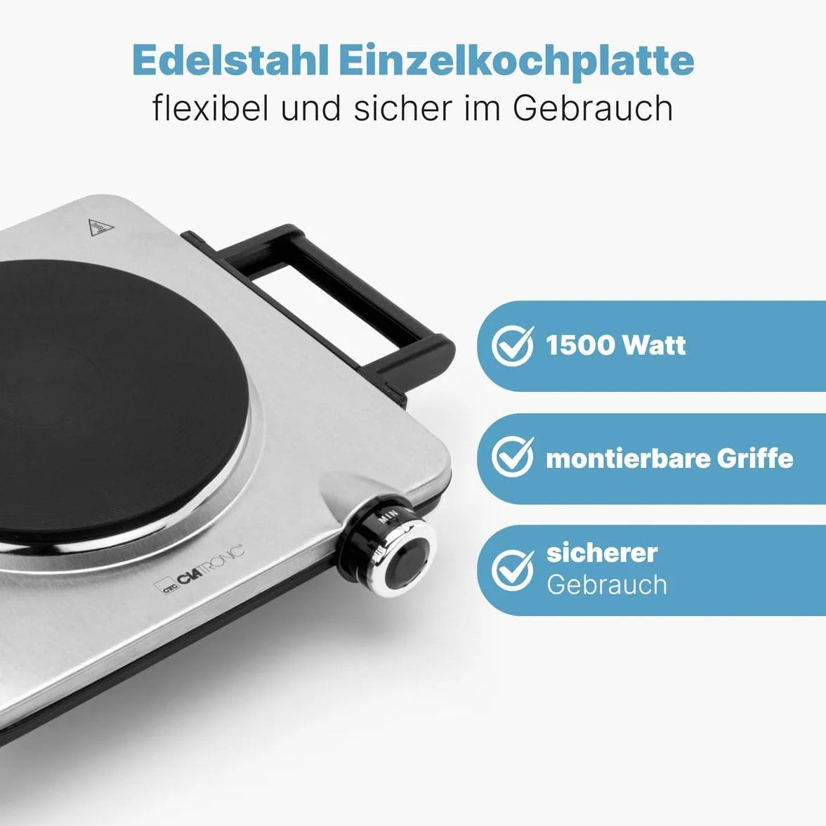 Clatronic® Elektryczna płyta grzewcza o mocy 1500 W, 1 płyta kuchenna do kuchni, biura lub na kemping, elektryczna płyta kuchenna z bezstopniową regulacją temperatury, pojedyncza płyta grzewcza ze