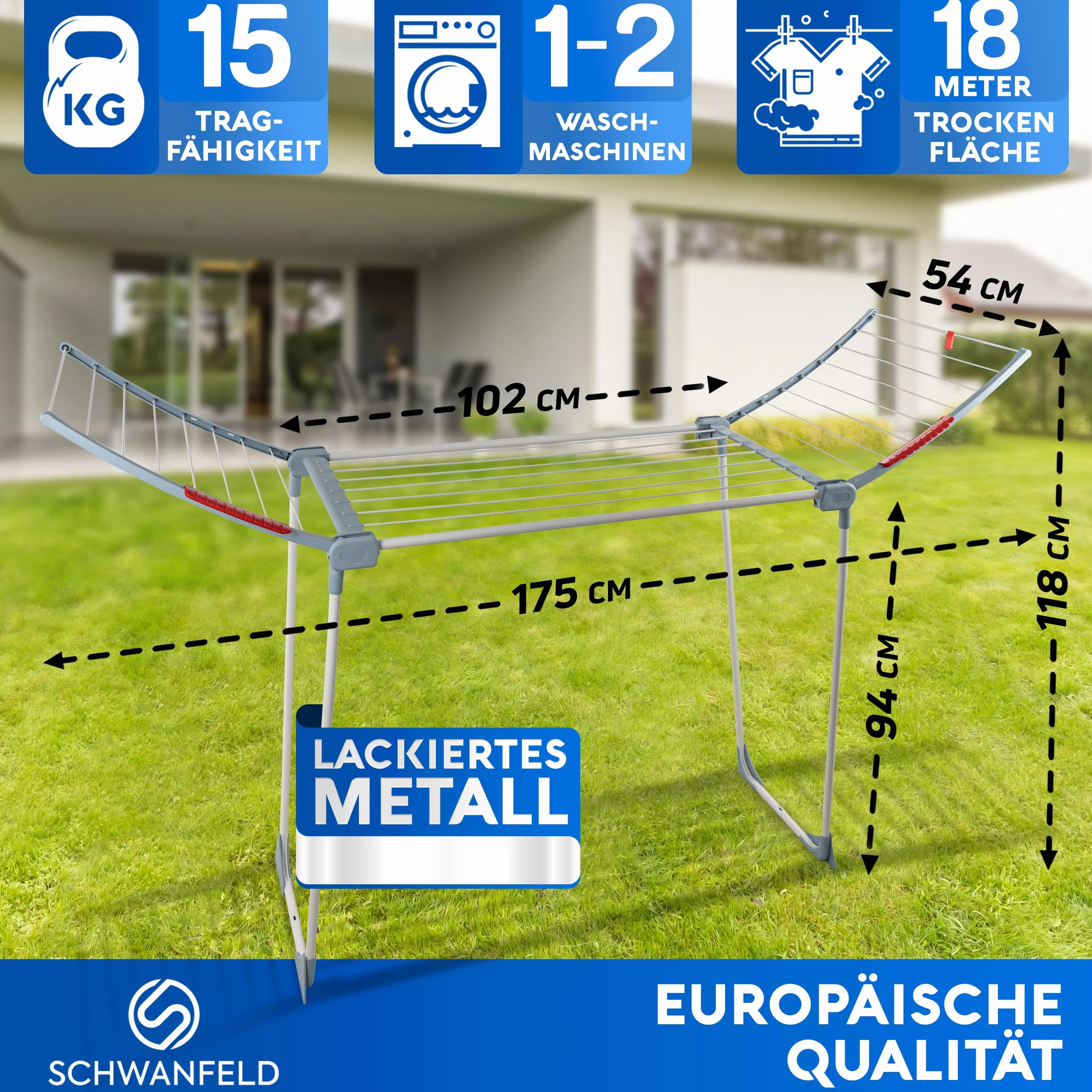 SCHWANFELD® Suszarka na pranie [18 m długości suszenia] – stojak na suszarkę premium – składana suszarka XXL – antypoślizgowa – suszarka stojąca na balkon – stojak na ubrania – stojak na ubrania