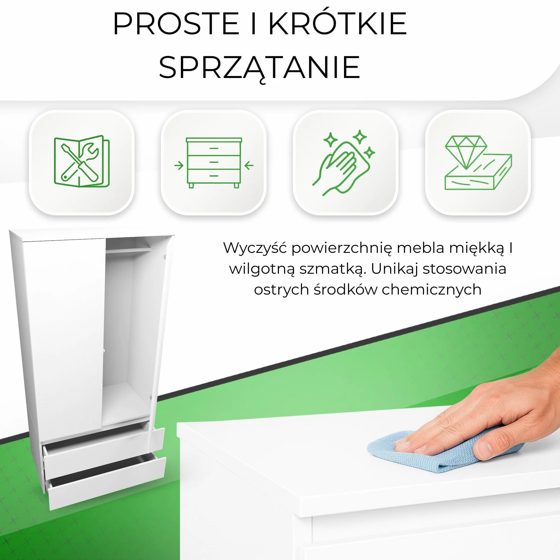 CDF Nowoczesna Szafa do Garderoby 90cm Dwudrzwiowa z 2 Szufladami System TIP-ON Bezuchwytowa Szafka do Sypialni Biura i Przedpokoju Pakowna Konstrukcja Meble - Biel Mat