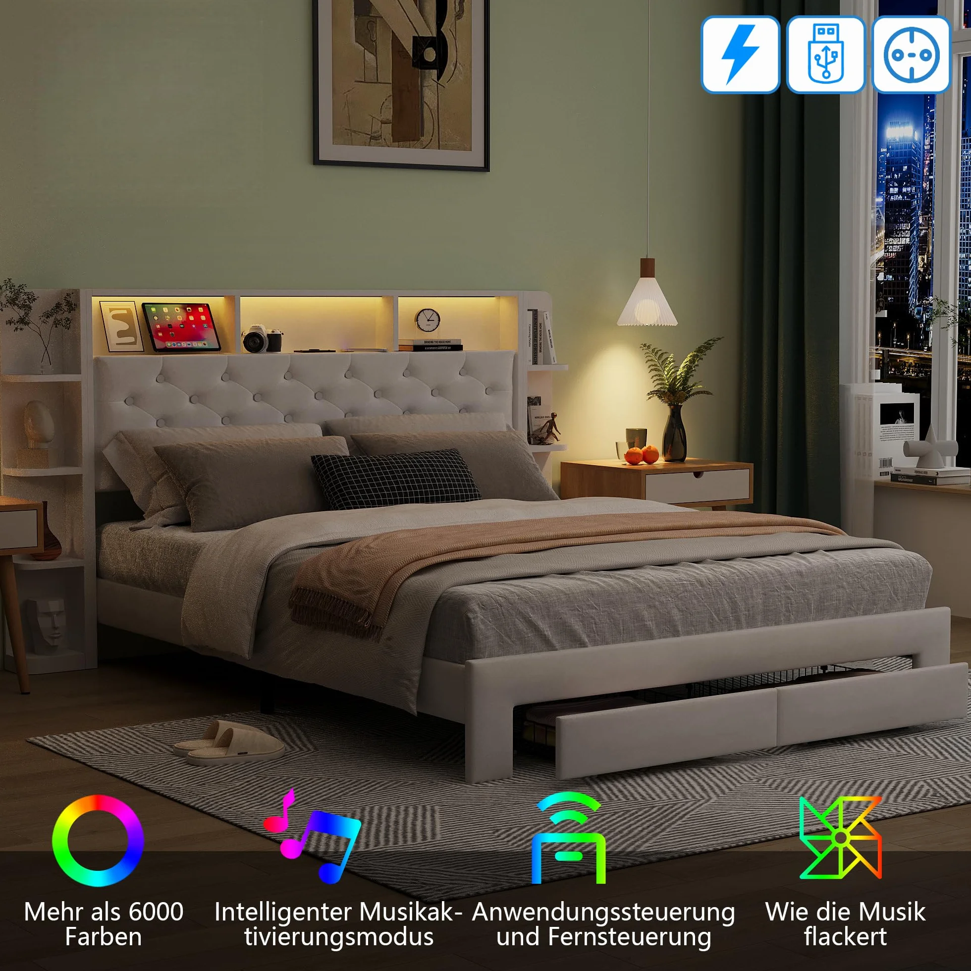 Łóżko dwuosobowe 160 x 200 z miejscem do przechowywania, łóżko szufladowe ze stelażem, łóżka dla dorosłych z oświetleniem LED i portem ładowania USB, dla nastolatków i dorosłych, flanela (biały, 160 ×