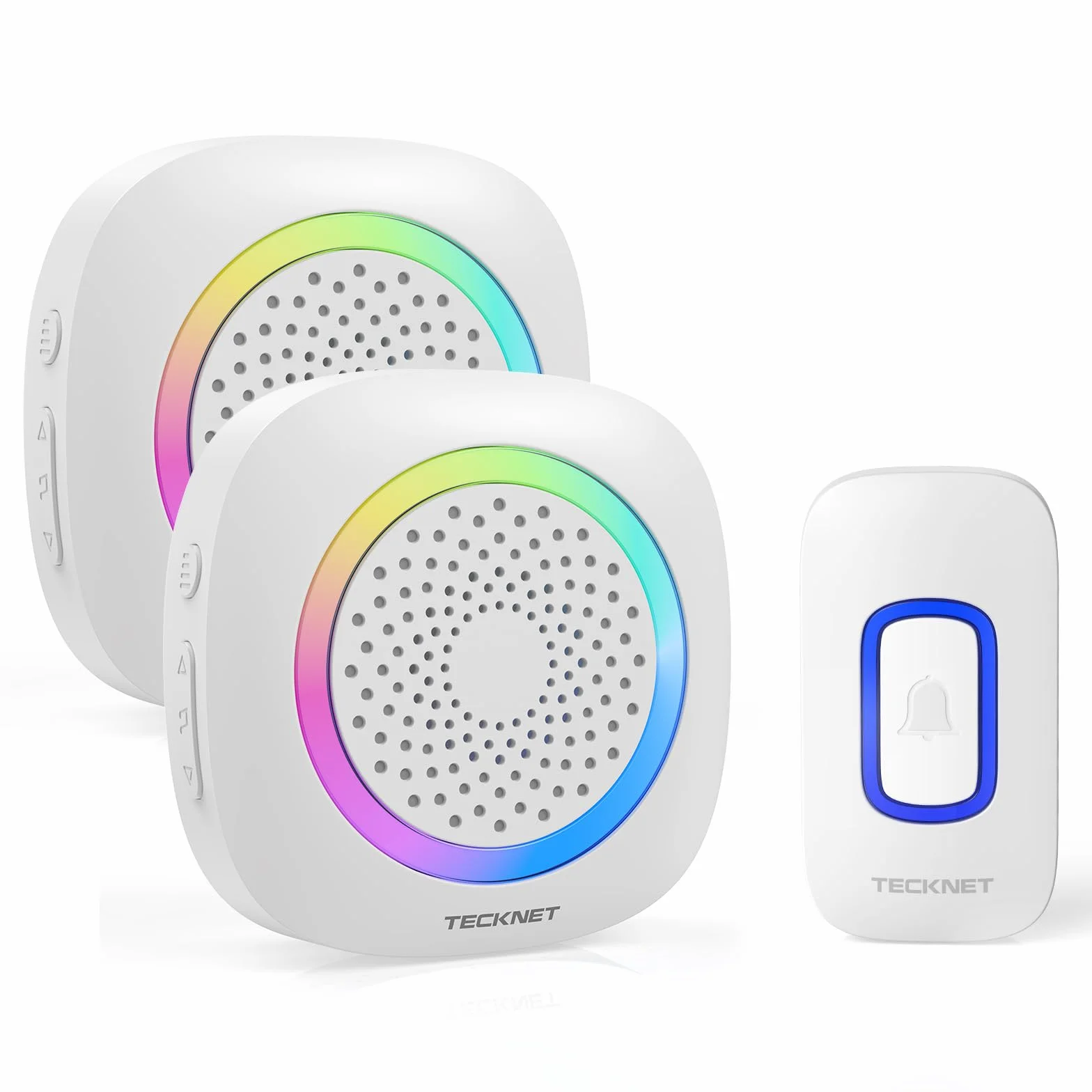 TECKNET Bezprzewodowy Dzwonek z 2 Przenośnymi Odbiornikami, Dzwonienie z RGB, Na baterie, IP66, Zestaw Dzwonków Wodoodpornych, Zasięg 1300ft, 60 Melodii i 5 Poziomów Głośności, Czas Pracy do 4,5 Roku