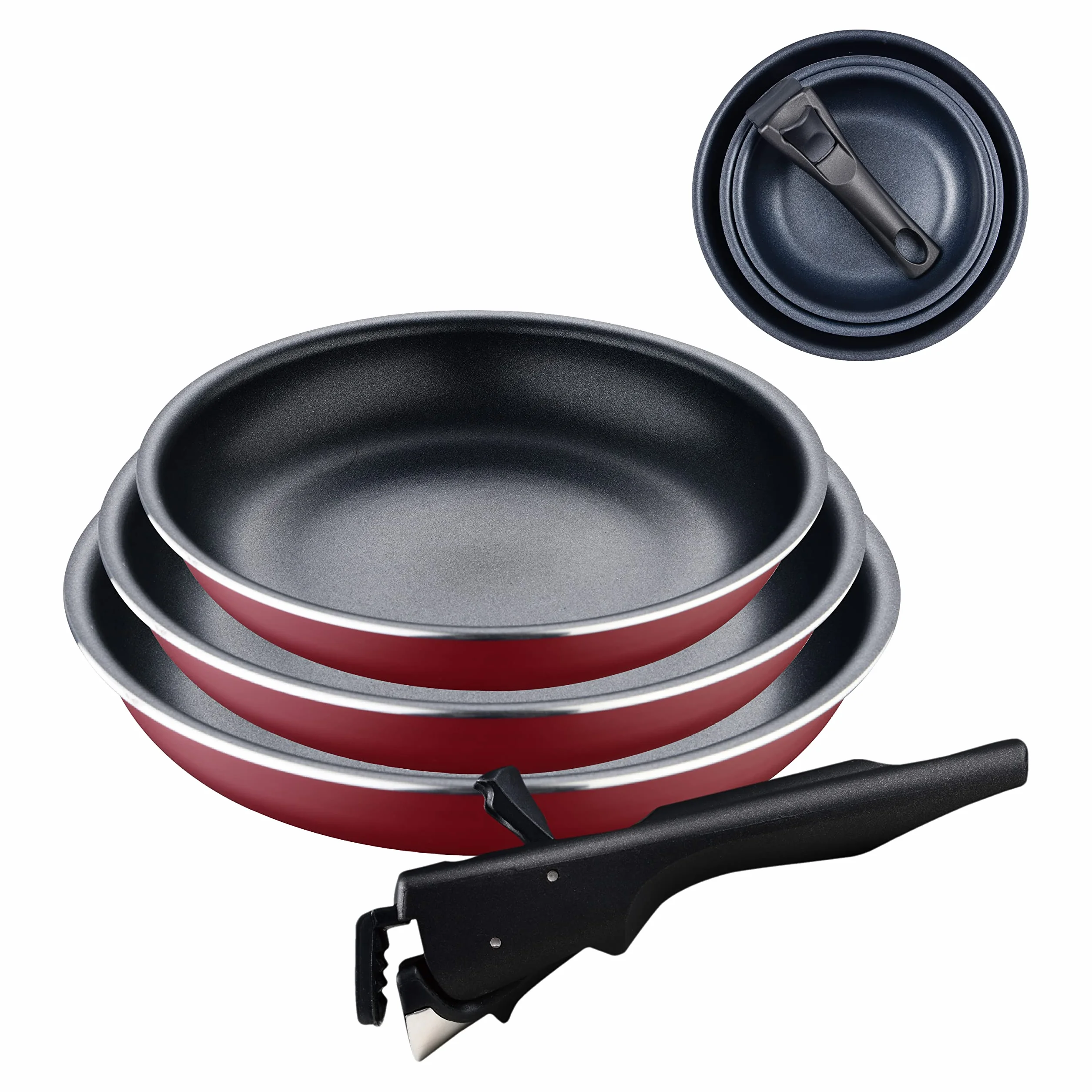 Bergner Click&Cook Red Edition 4-częściowy zestaw patelni 18, 20 i 24 cm + wyjmowany ergonomiczny uchwyt prasowany i nieprzywierający powlekany aluminium do wszystkich kuchenek i piekarników