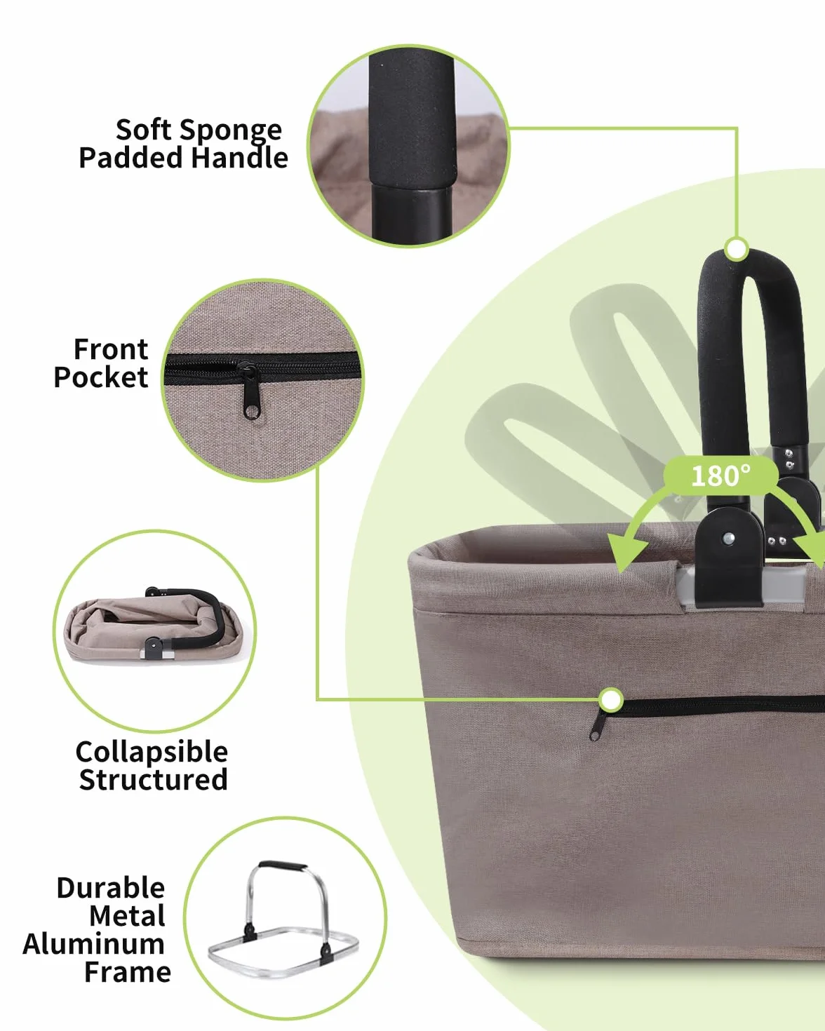 Składany Kosz na Zakupy 35L z Aluminiowym Uchwytem Khaki