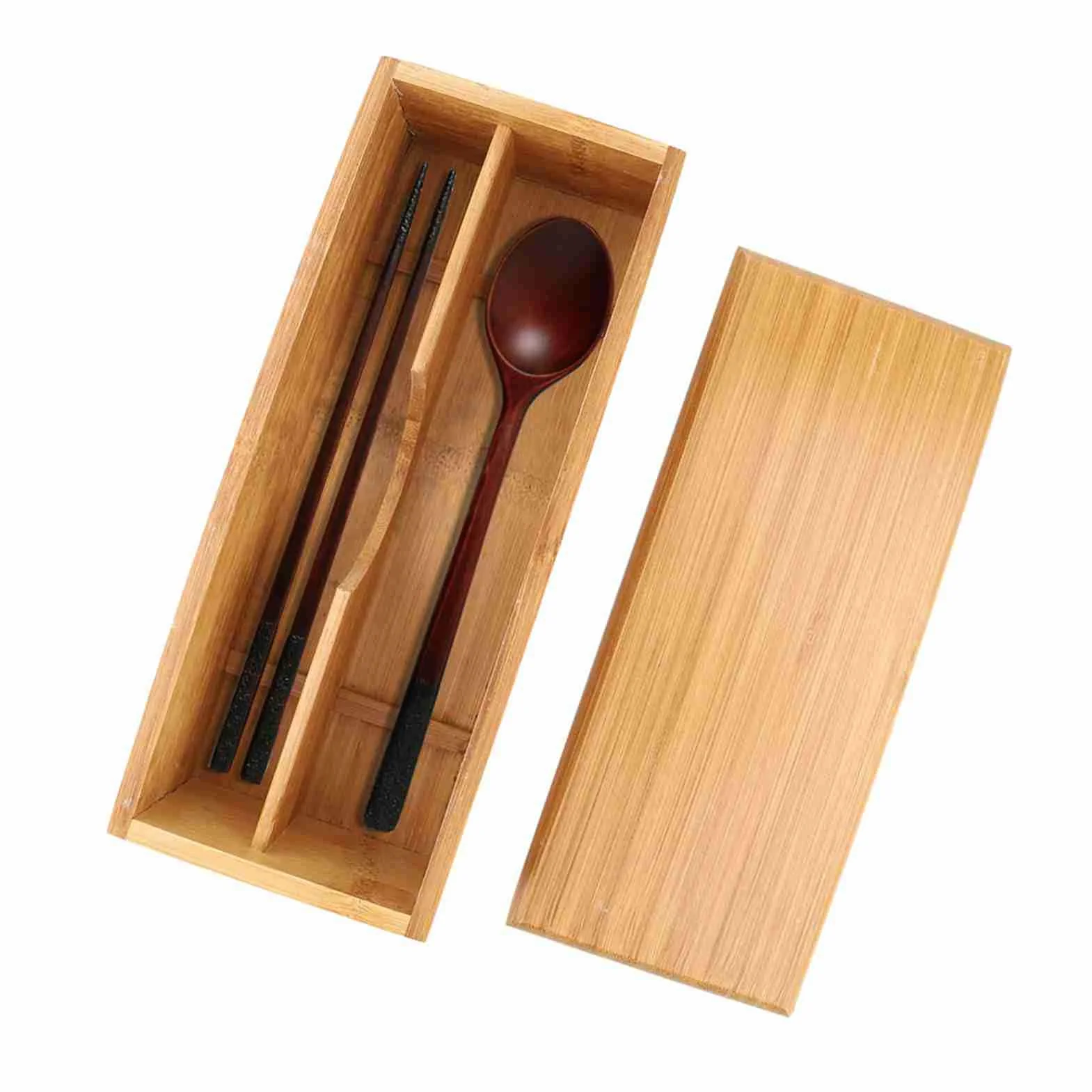 Vintage Wooden Cutlery Organizer with Lid for Kitchen Counter Drawer